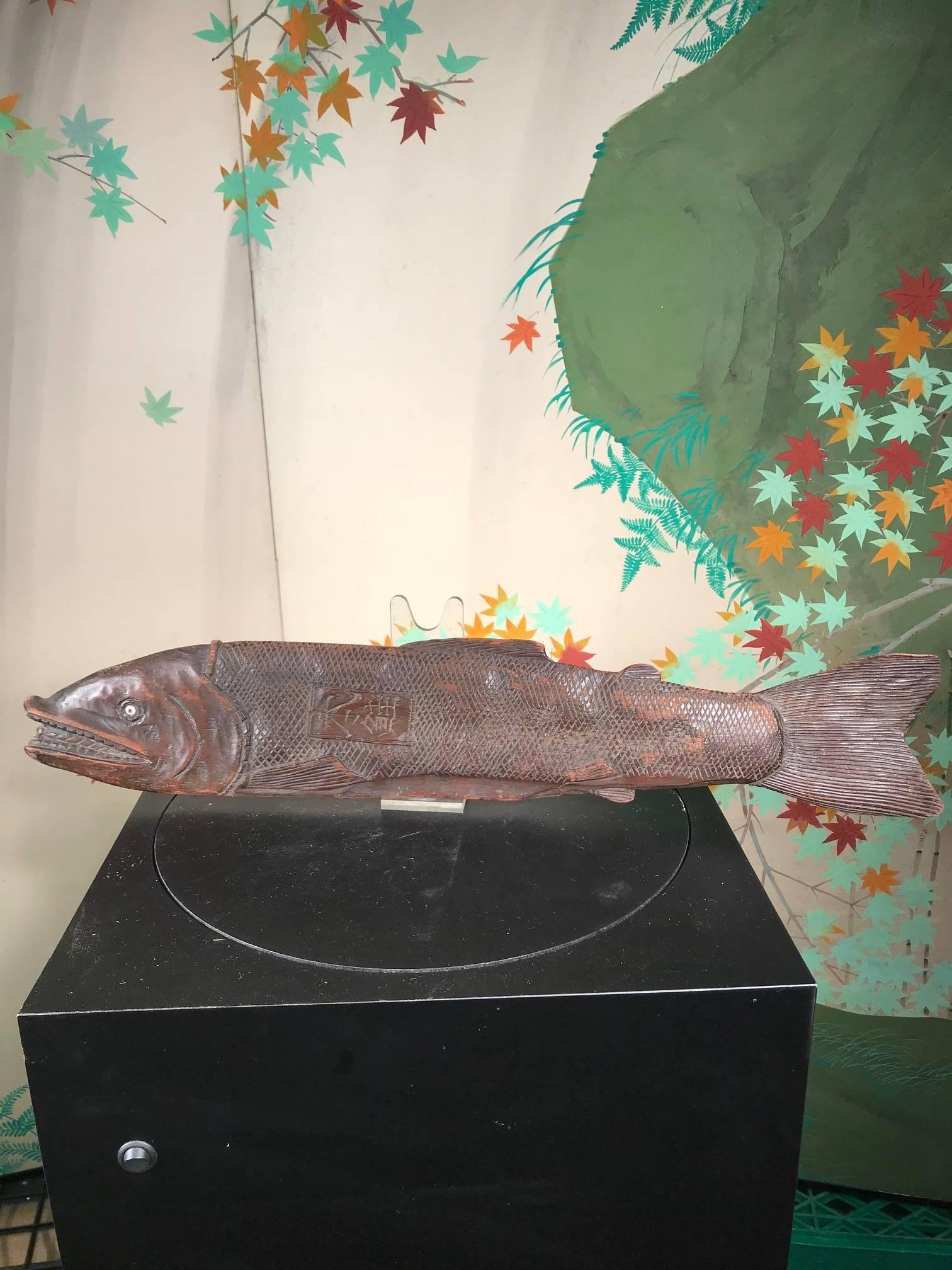 Taisho Japanese Huge Antique Hand-Carved Divine Salmon Fish, Ainu Peoples