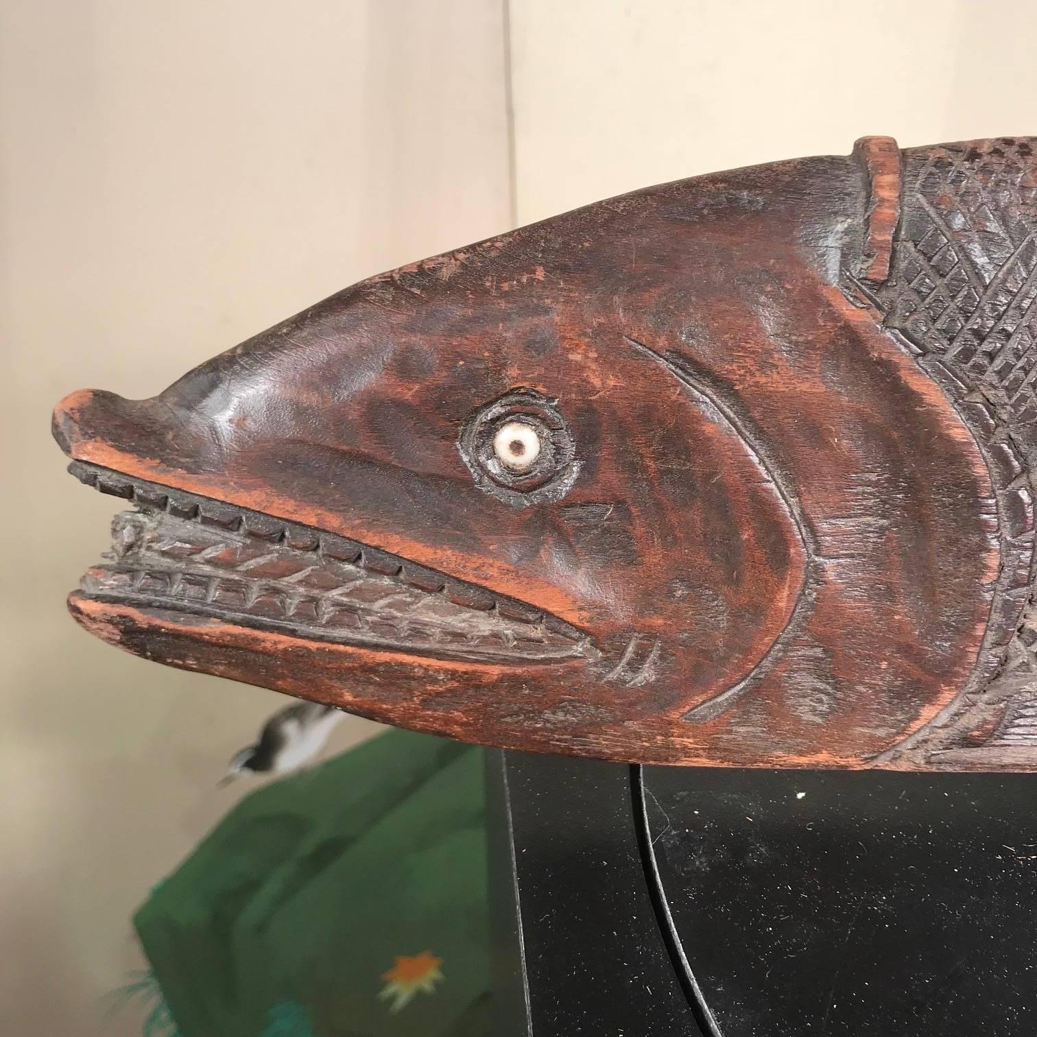 Japanese Huge Antique Hand-Carved Divine Salmon Fish, Ainu Peoples In Good Condition In South Burlington, VT