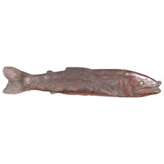 Japanese Huge Antique Hand-Carved Divine Salmon Fish, Ainu Peoples