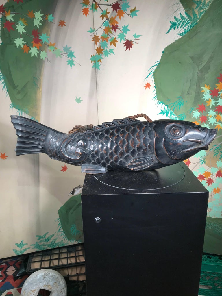 Japanese Huge Antique Hand Carved Wood Koi Good Fortune Fish, 19th Century For Sale at 1stdibs