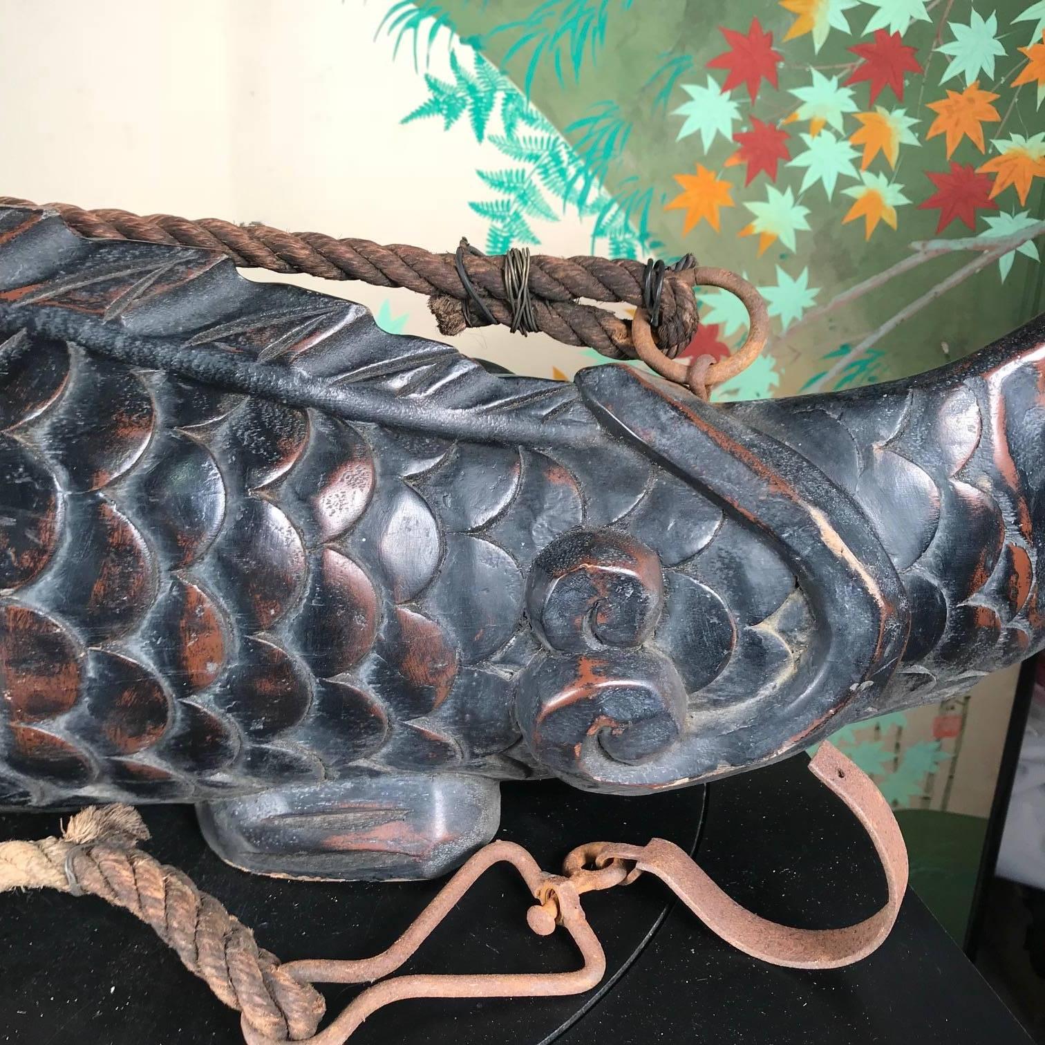 Meiji Japanese Huge Antique Hand-Carved Wood Koi Good Fortune Fish, 19th Century, 36