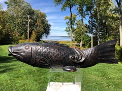 Japanese Huge 36" Antique Hand Carved Wood Koi Good Fortune Fish, 19th Century