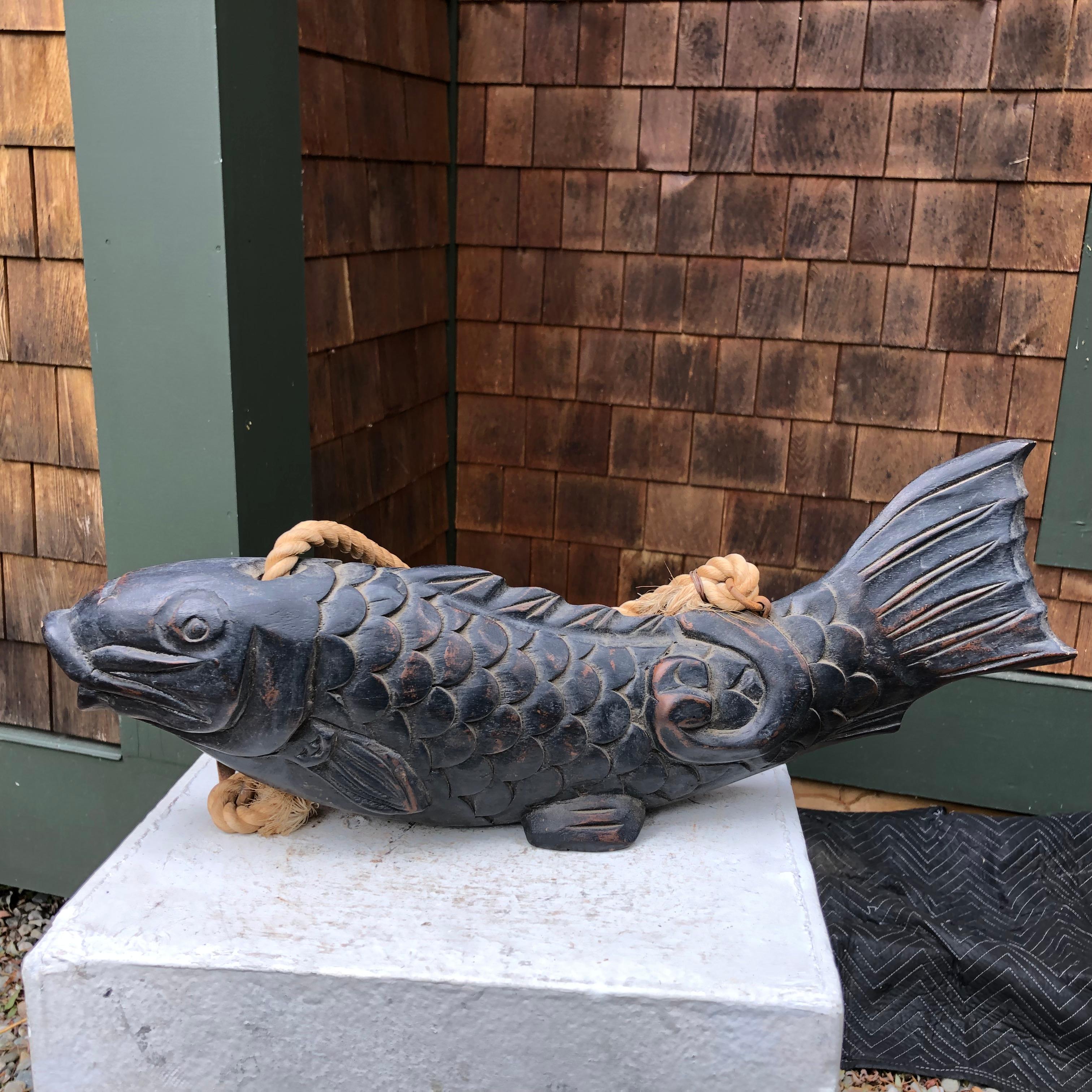 Meiji Japanese Huge, Antique Hand Carved Wood Koi Good Fortune Fish, 19th Century