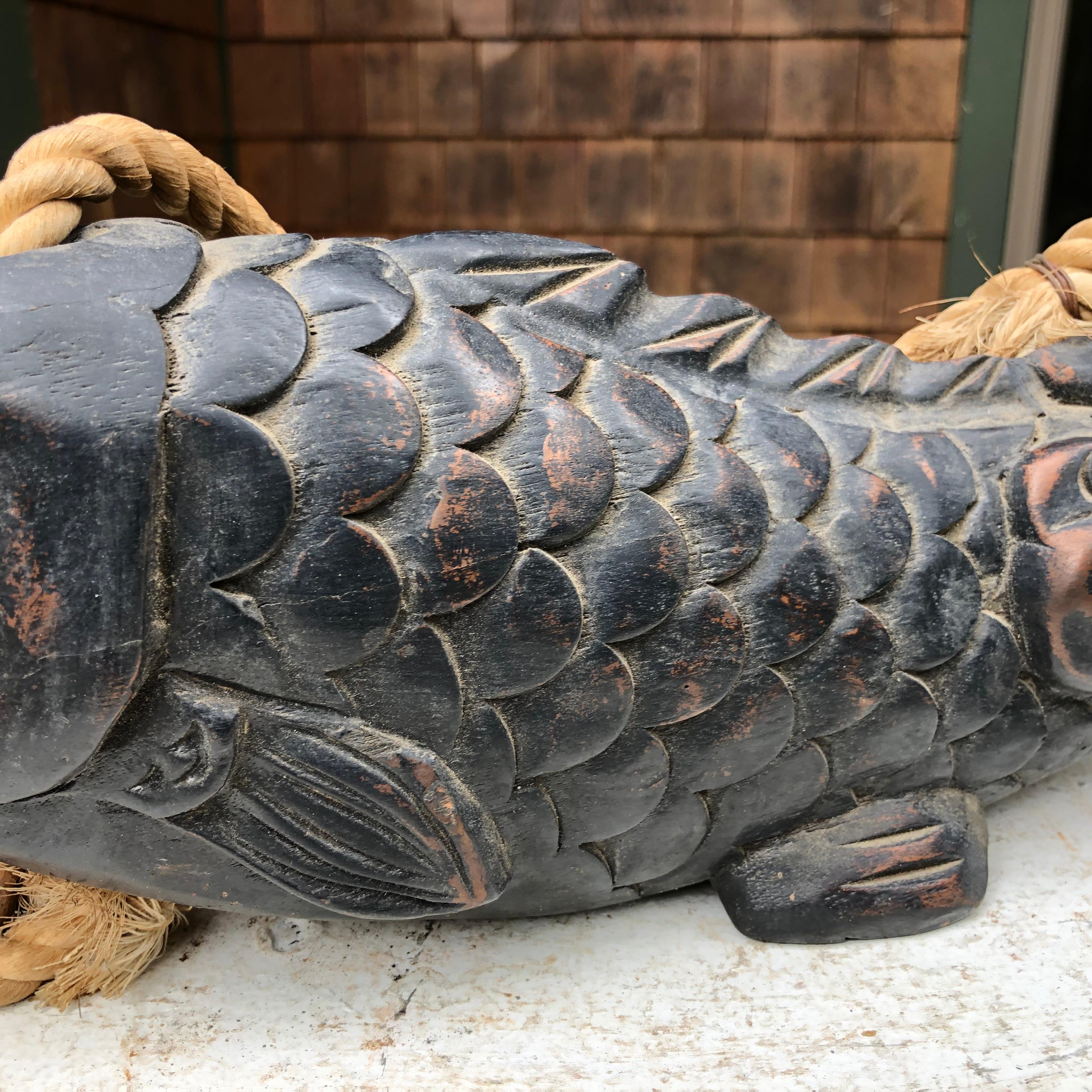 Japanese Huge, Antique Hand Carved Wood Koi Good Fortune Fish, 19th Century In Good Condition In South Burlington, VT