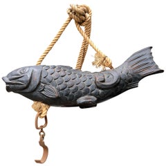 Japanese Huge, Antique Hand Carved Wood Koi Good Fortune Fish, 19th Century