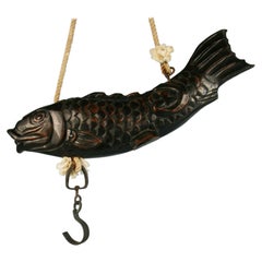 Japanese Huge Antique Hand Carved Wood Koi Good Fortune Fish, 19th Century