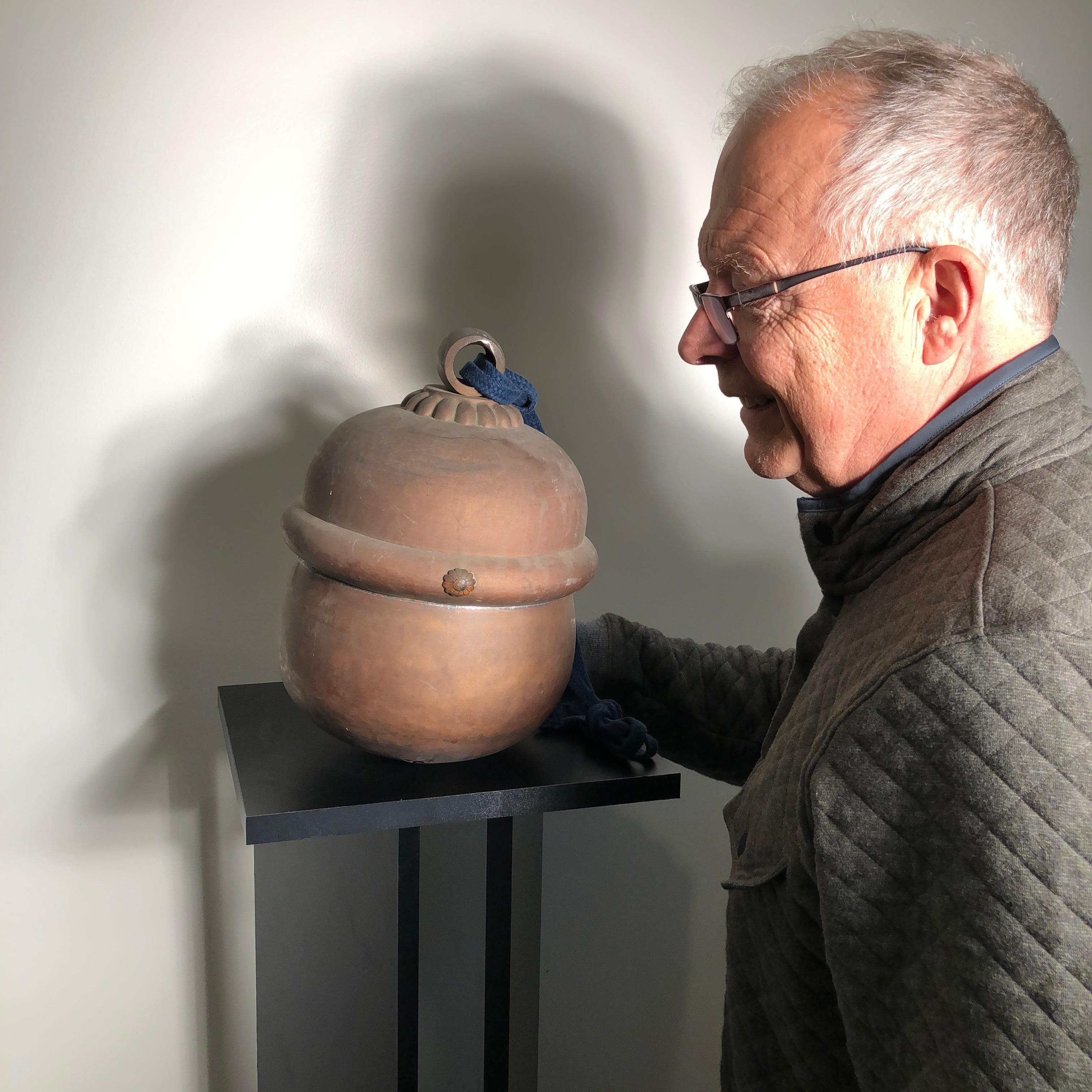 From our recent Japanese acquisitions travels.

Here's an extraordinary opportunity to collect and acquire the largest scale bell of this kind we have ever seen in private hands- a Japanese authentic hand cast copper Shinto Suzu bell.

The big