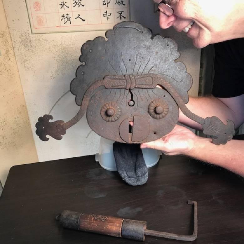 Found on our most acquisitions trip, here's an impressive decorative accent and rare Buddhist treasure from Japan.

This hard to find large antique 19th century auspicious sculpture is actually a large and rare beautifully worked iron lock