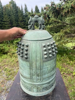 Japanese Huge Old Blue Signed Bronze Temple Bell with Bold Sound, 24 Inches