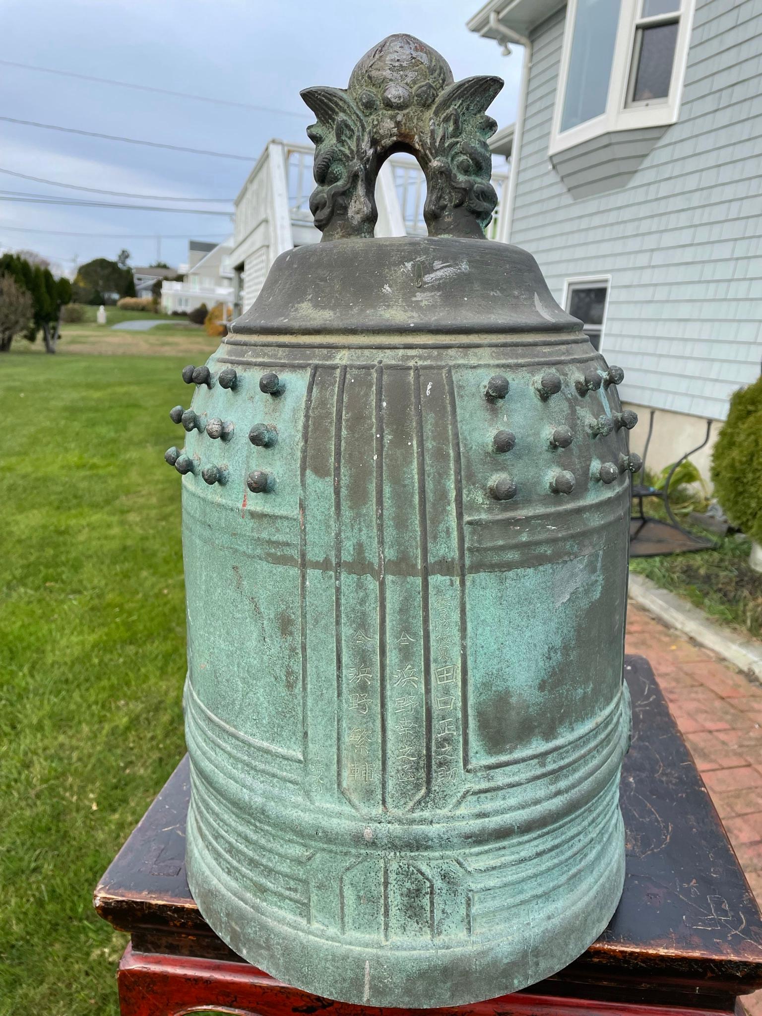 Japanese Huge Old Bronze Fire Bell Rare Signatures Fire Fighters, Bold Sound In Good Condition In South Burlington, VT