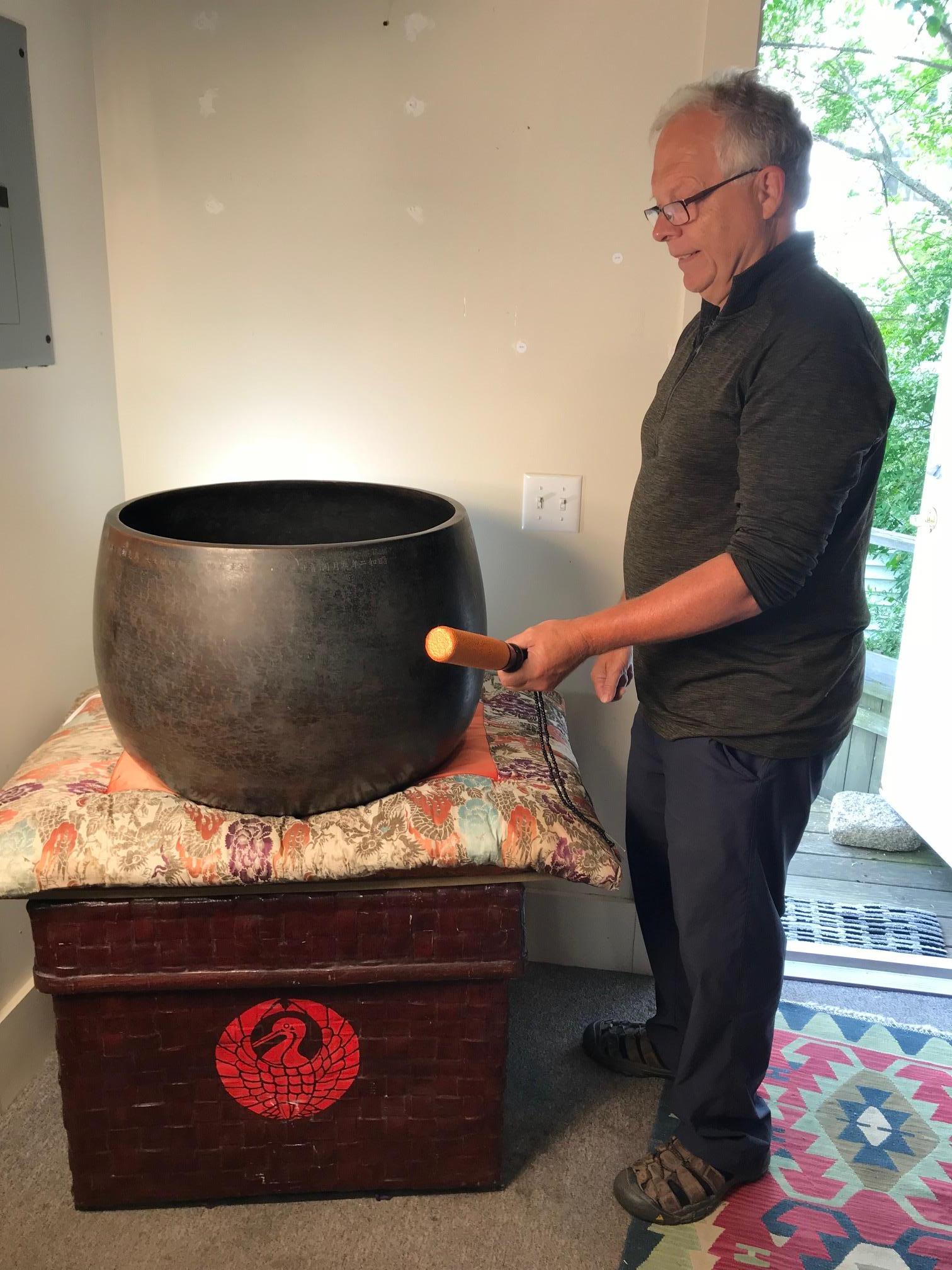 Largest We Have Seen- museum quality with a big bold sound guaranteed to please you

Japanese huge 25 inch diameter solid cast bronze temple bell with a handsome patina from good age. It is signed 1927 and is accompanied by .a striker, a Japanese