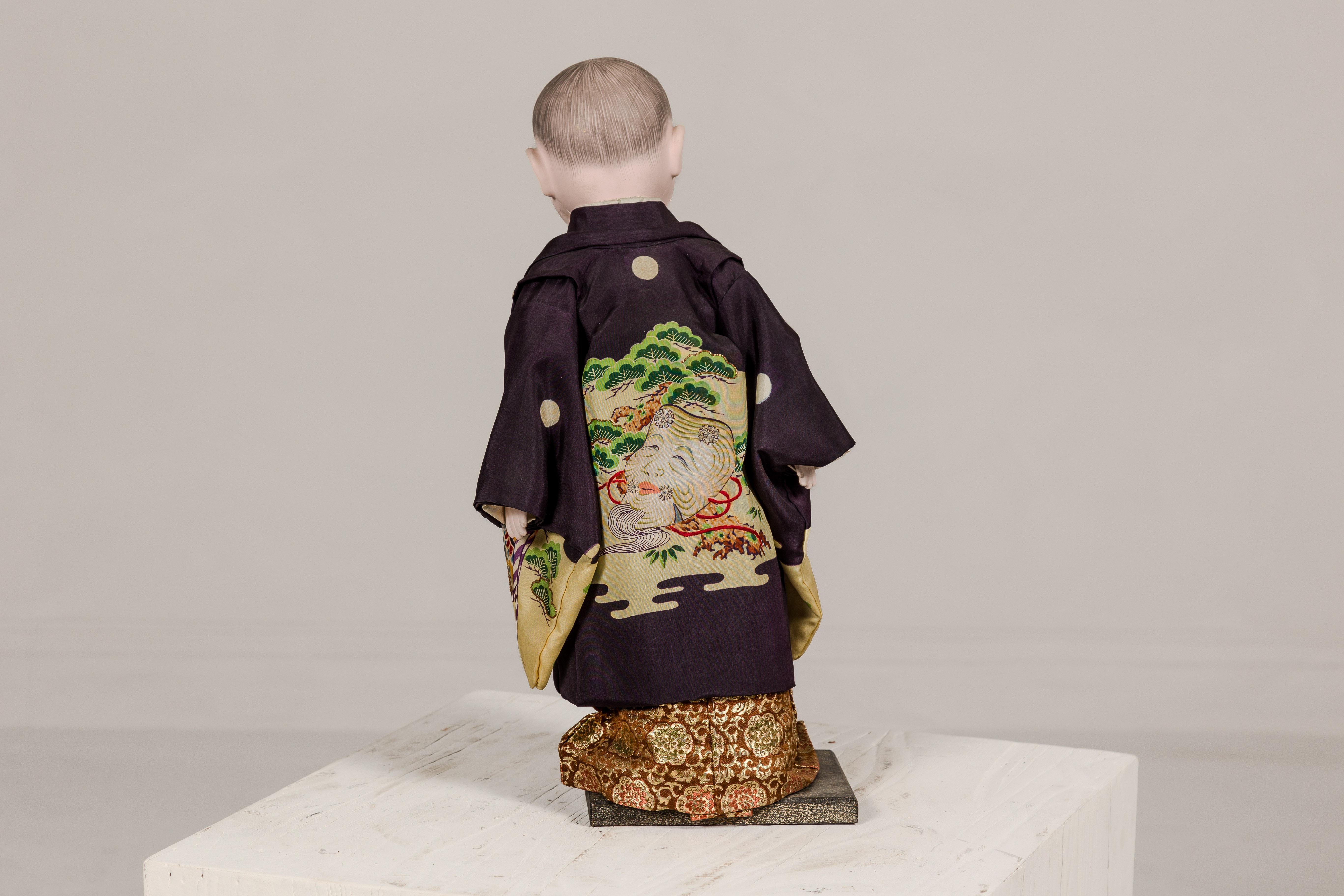 Japanese Ichimatsu Doll of a Little Boy Dressed in a City Kimono, circa 1950 For Sale 5