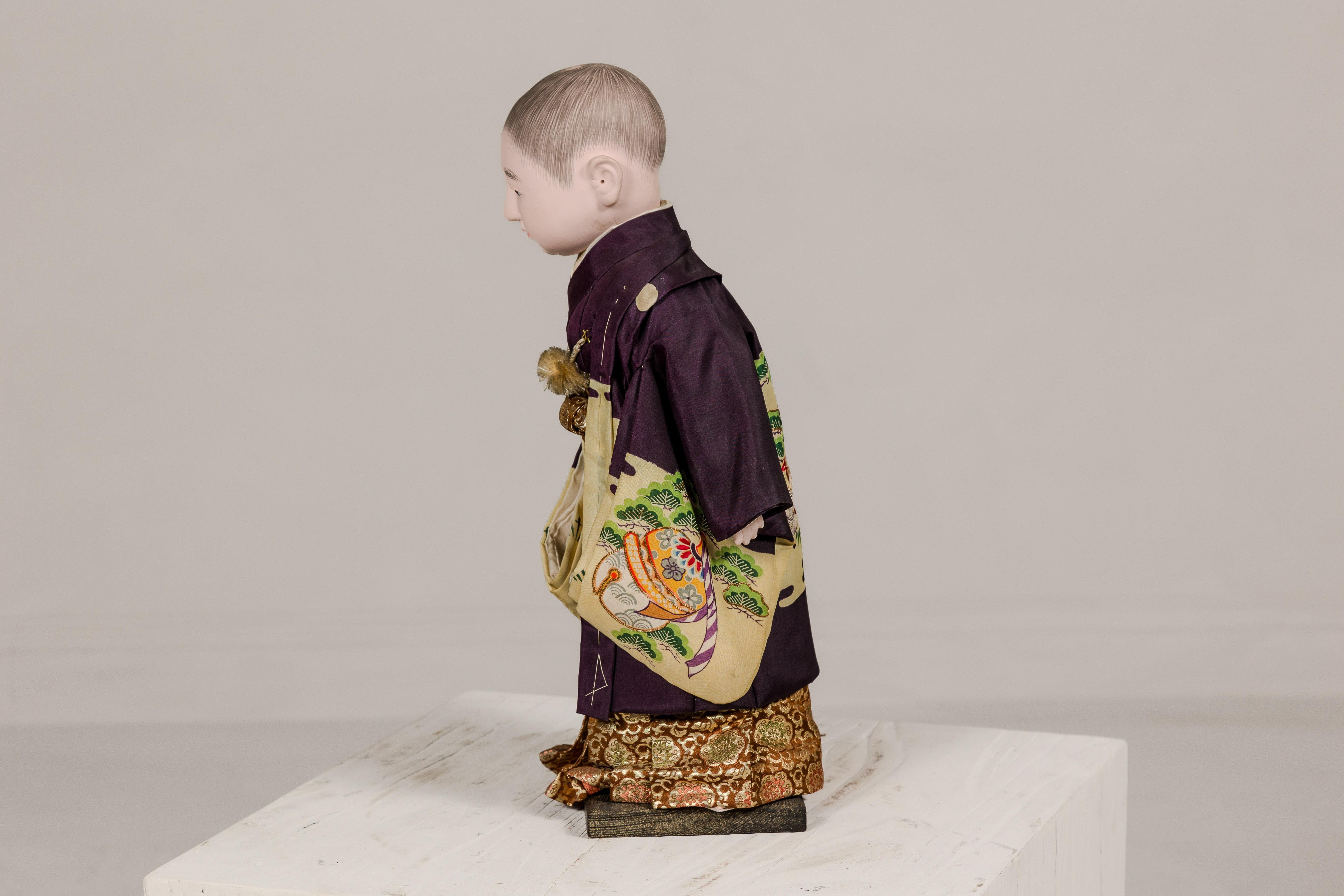 Japanese Ichimatsu Doll of a Little Boy Dressed in a City Kimono, circa 1950 For Sale 7