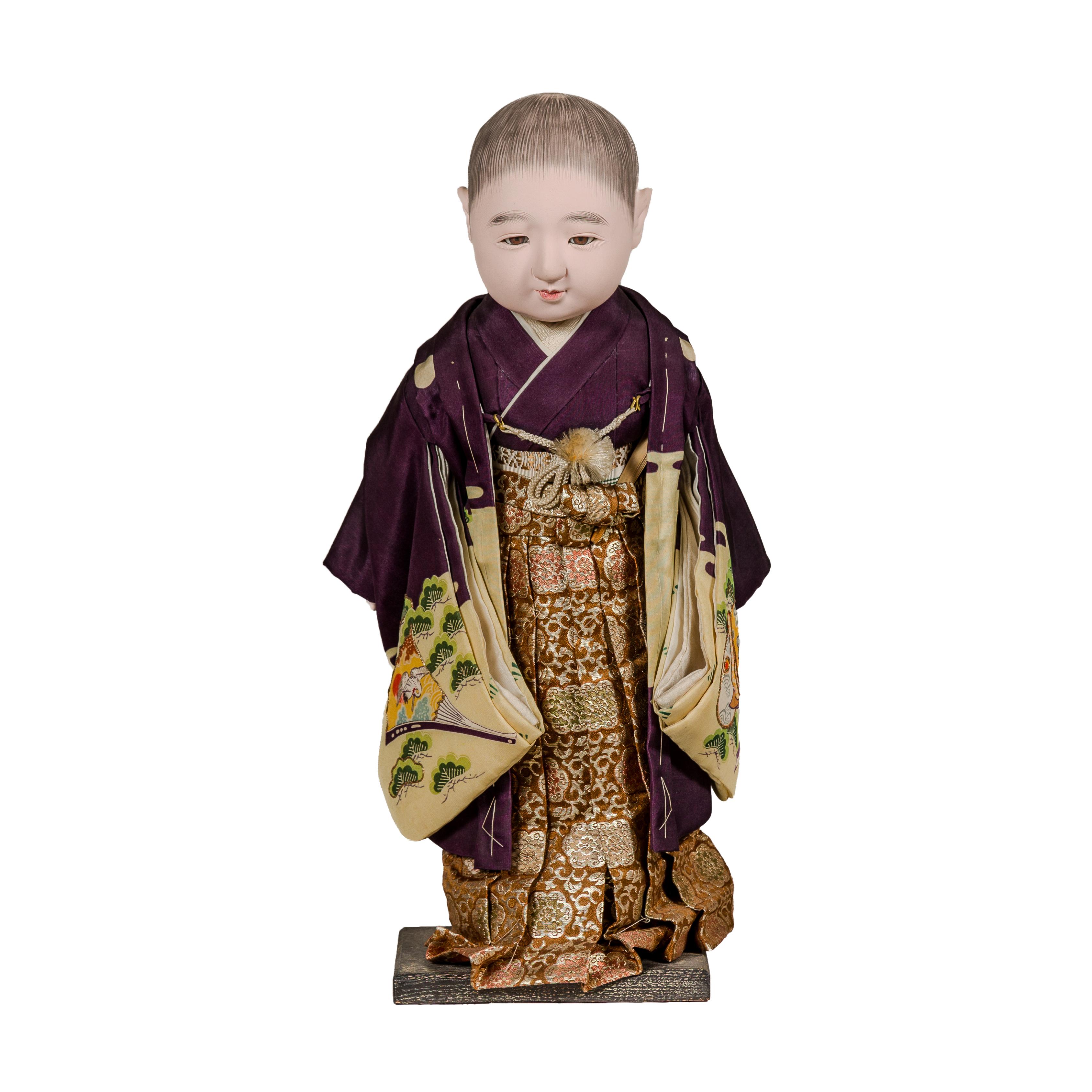 Japanese Ichimatsu Doll of a Little Boy Dressed in a City Kimono, circa 1950 For Sale 11