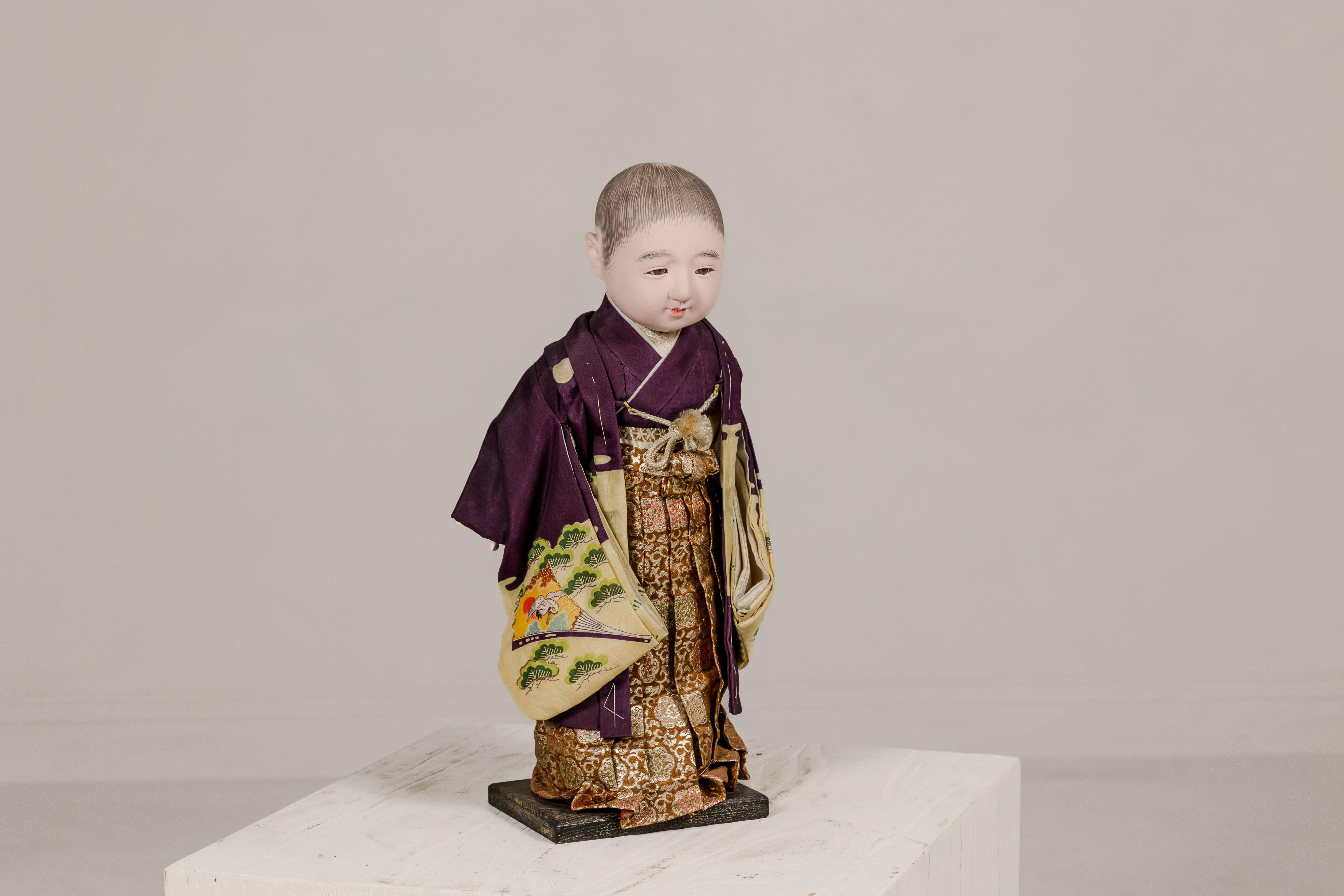 Japanese Ichimatsu Doll of a Little Boy Dressed in a City Kimono, circa 1950 For Sale 3
