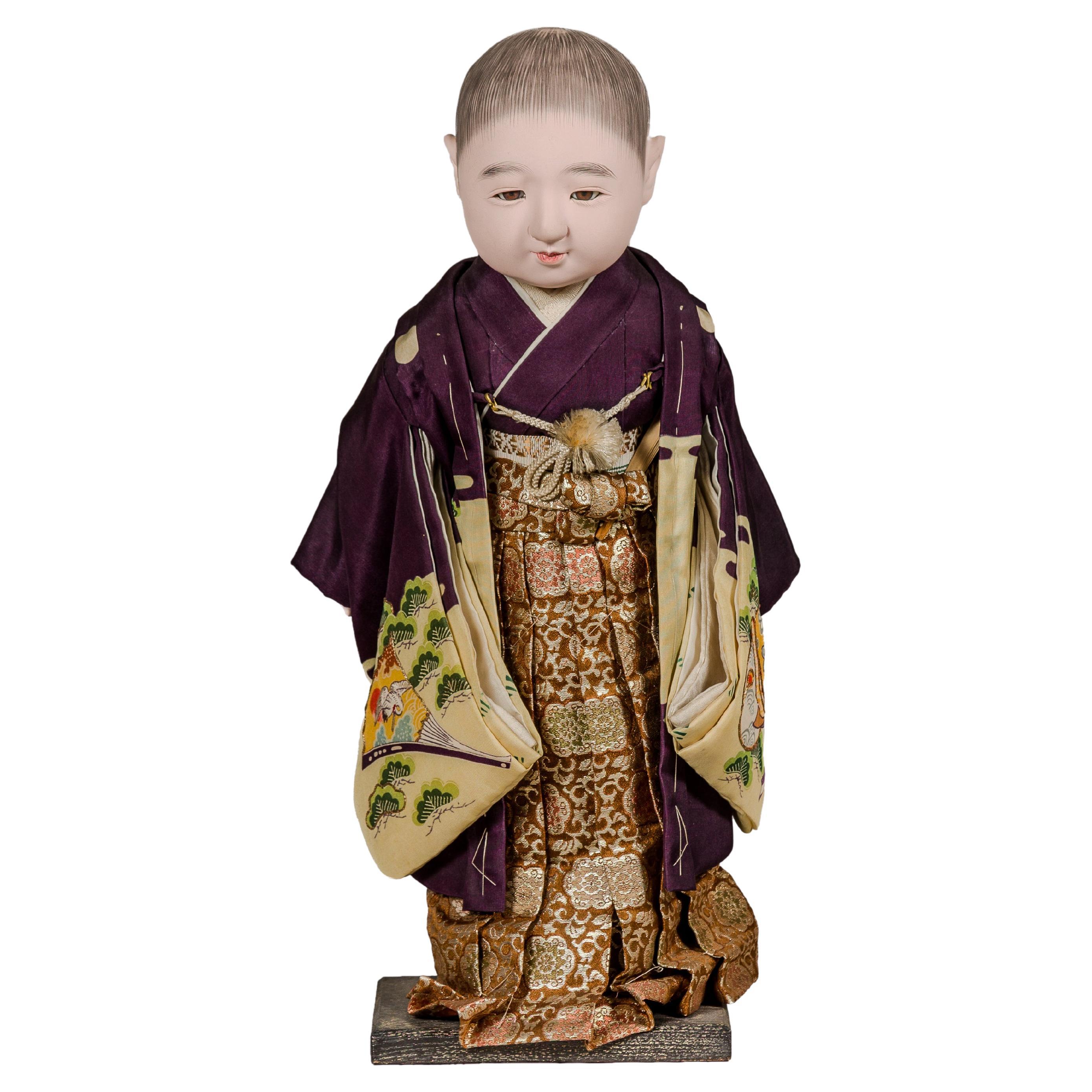 Japanese Ichimatsu Doll of a Little Boy Dressed in a City Kimono, circa 1950 For Sale