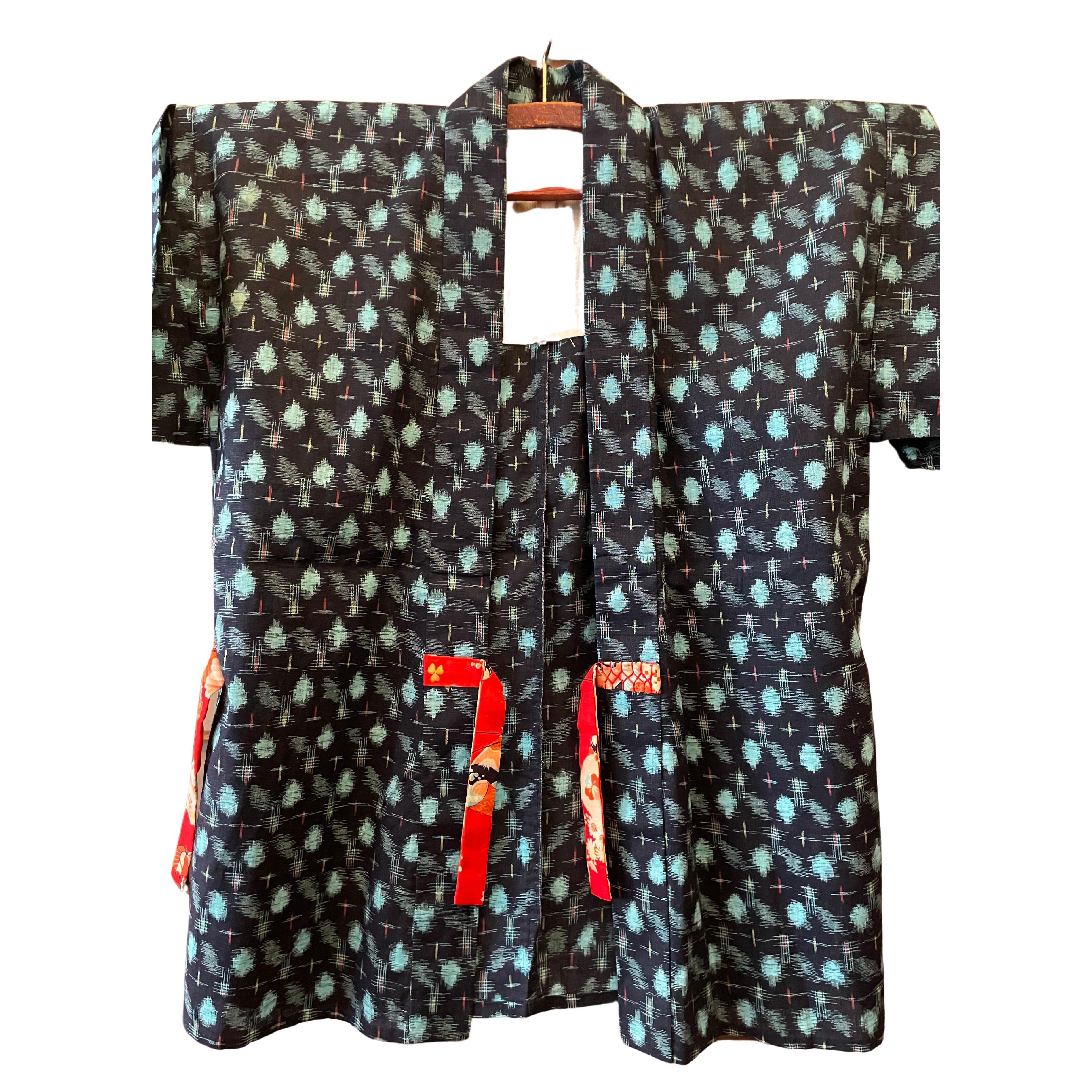 Japanese Ikat Peasant Cotton Kasuri Jacket with Belts 1970s For Sale