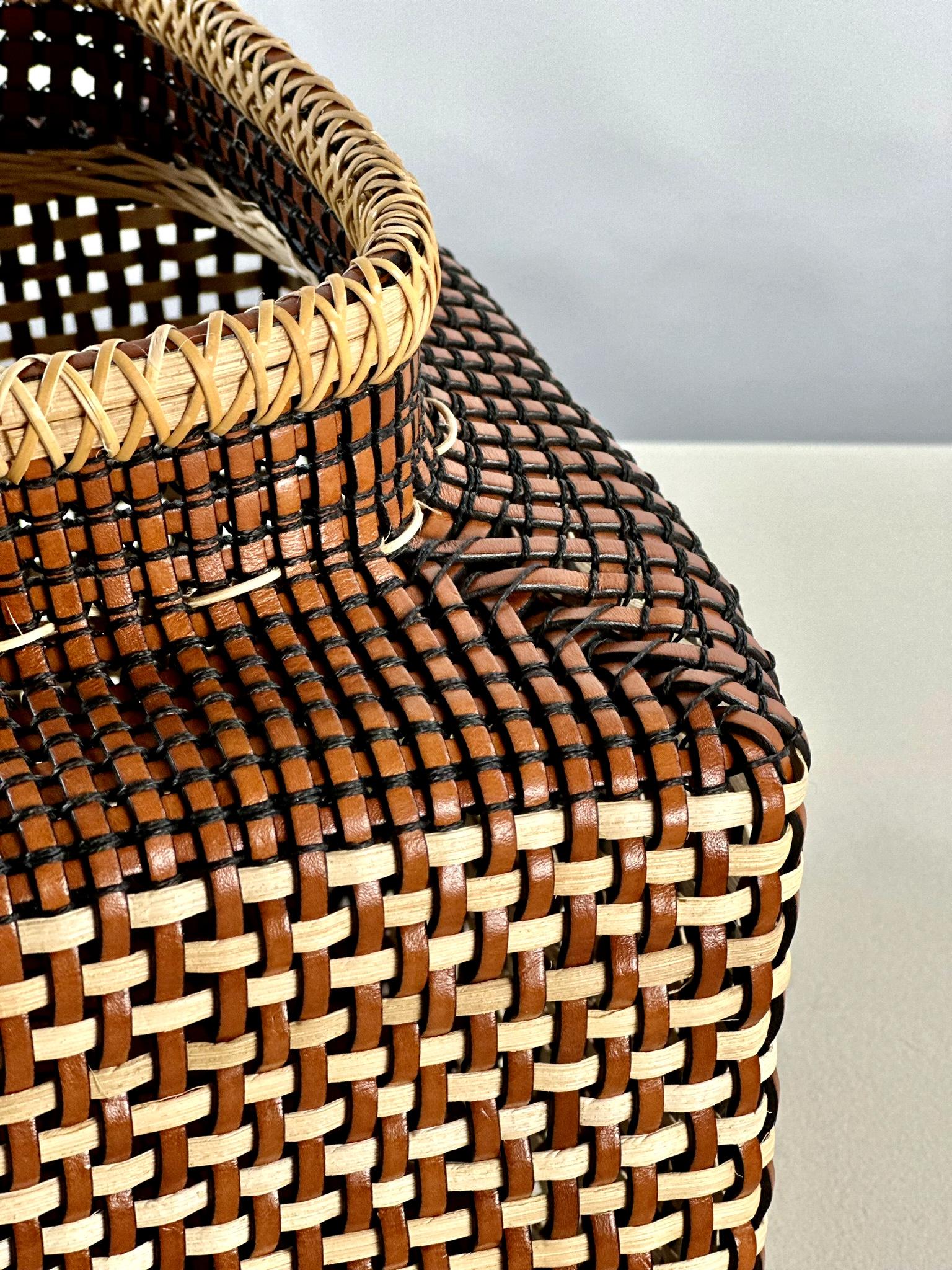 Modern Japanese Ikebana Inspired Leather & Cane Handmade Basket Cognac Off White Color For Sale