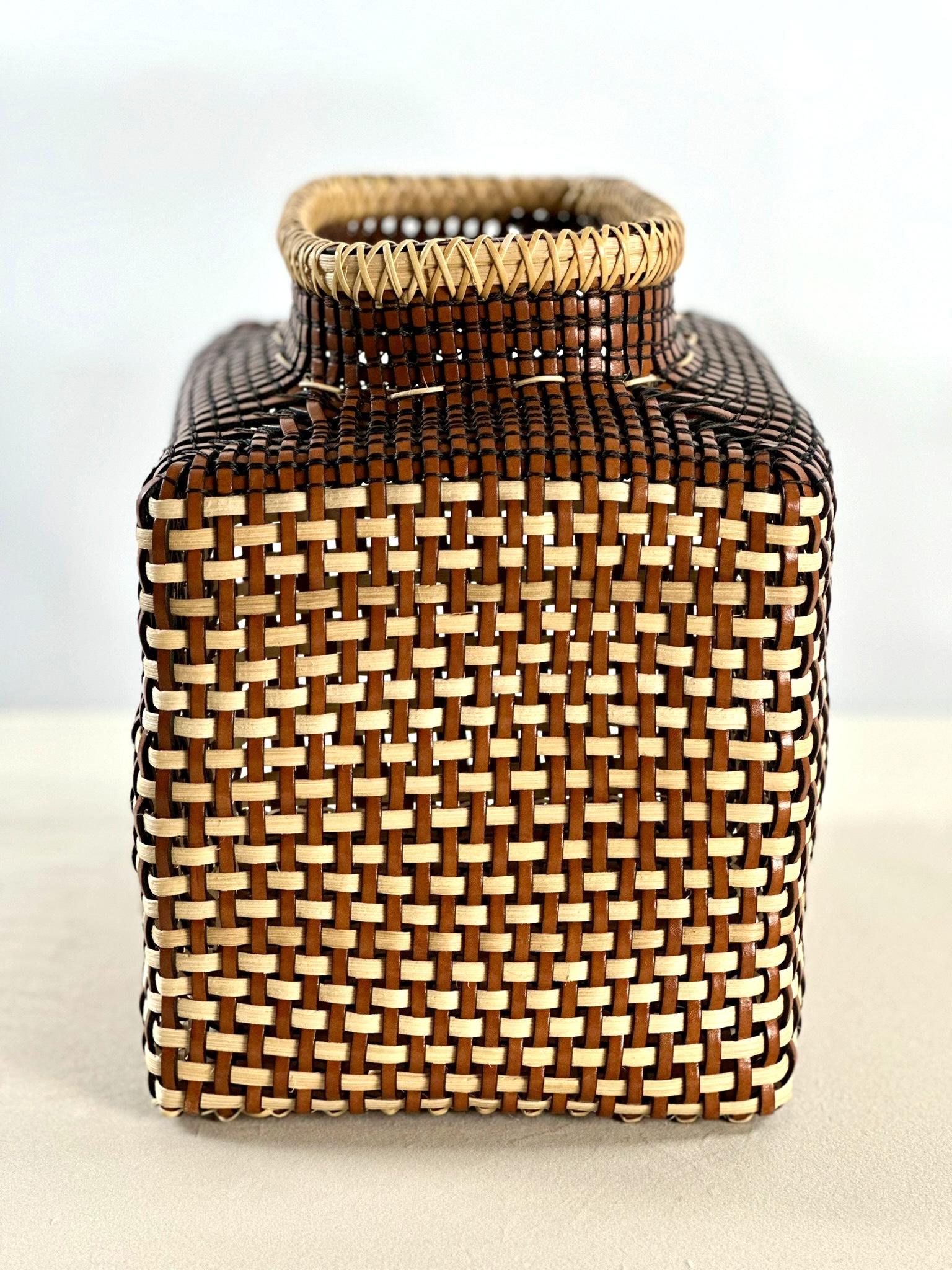 Spanish Japanese Ikebana Inspired Leather & Cane Handmade Basket Cognac Off White Color For Sale