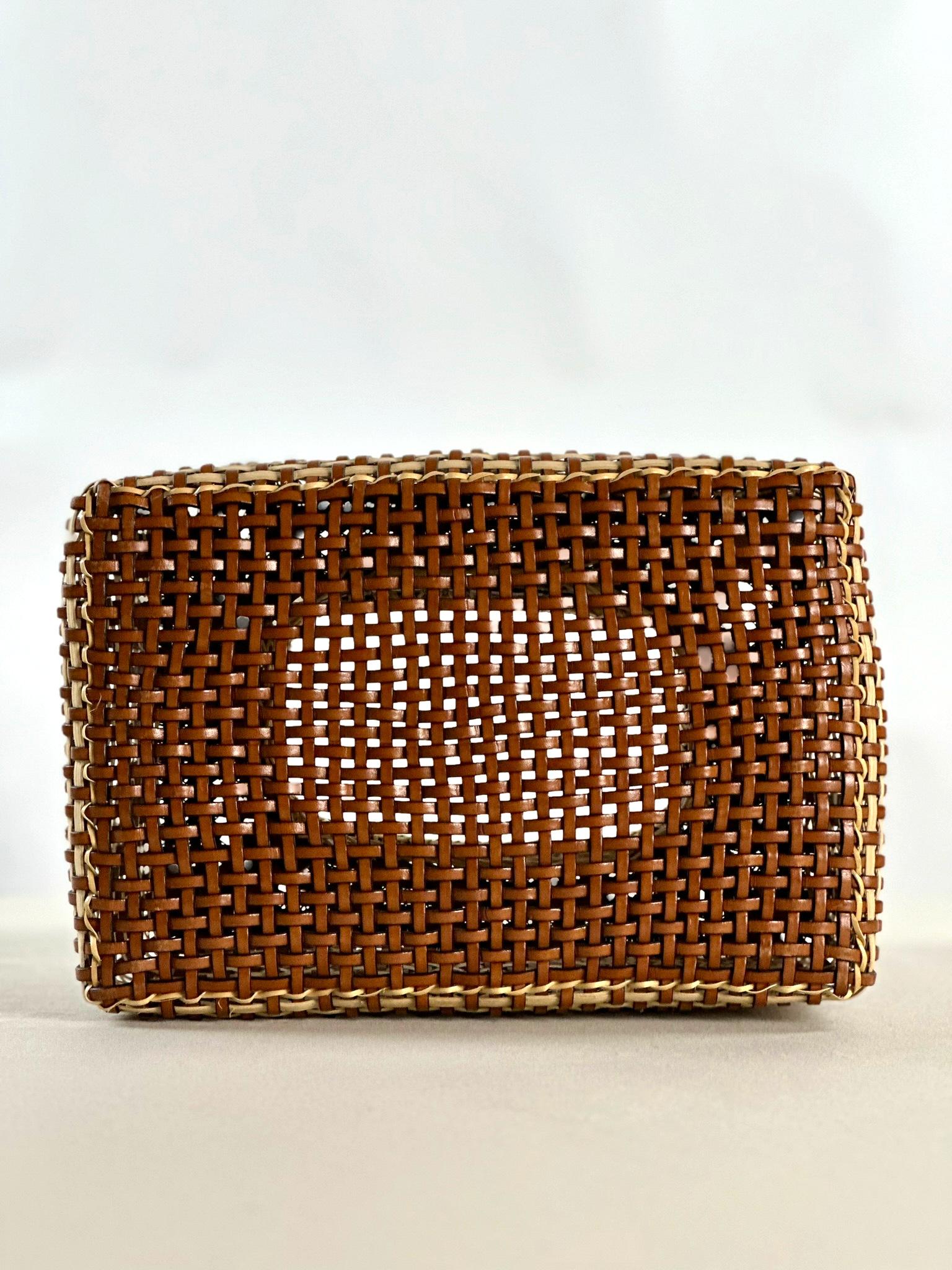Contemporary Japanese Ikebana Inspired Leather & Cane Handmade Basket Cognac Off White Color For Sale