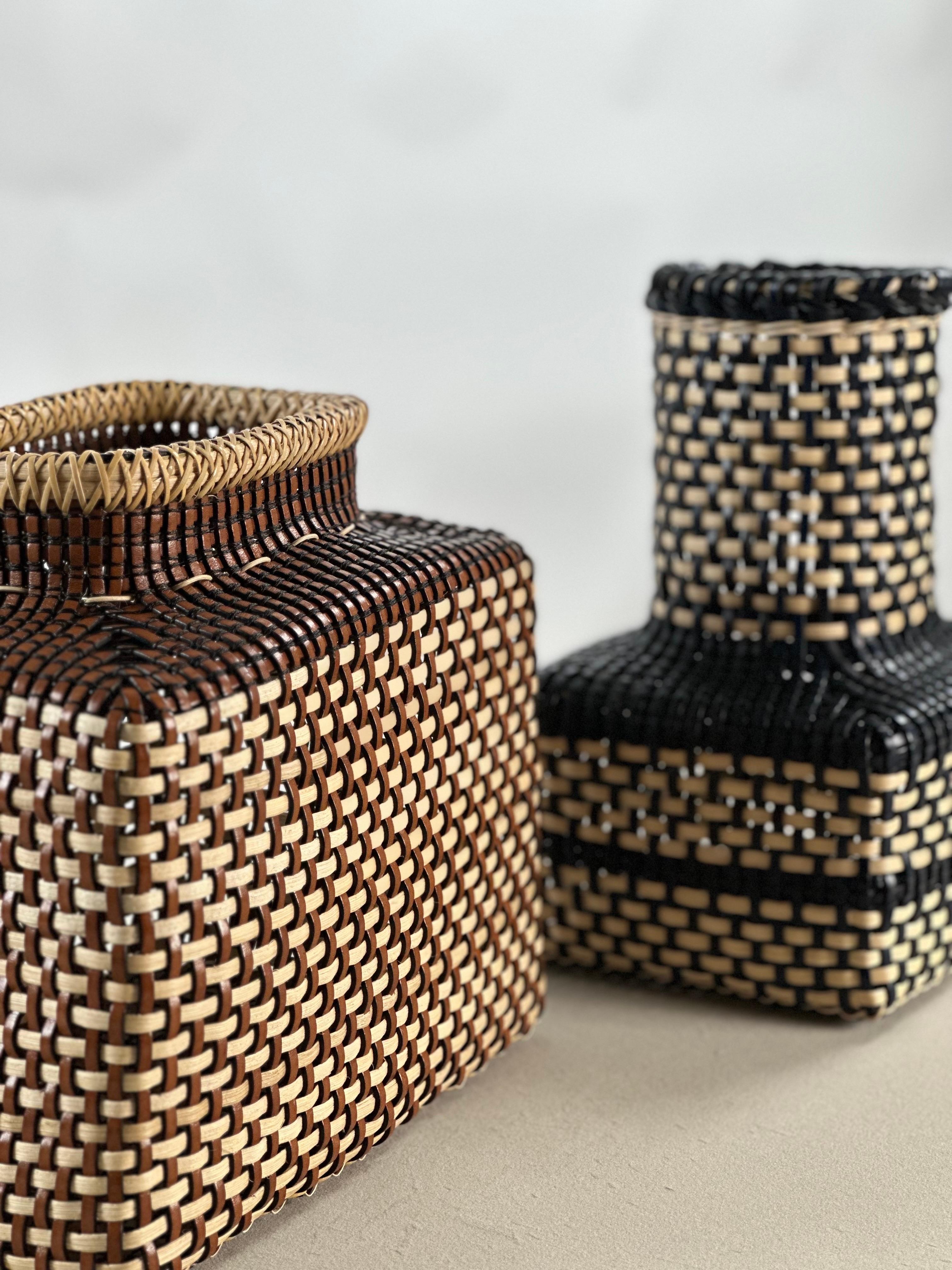 Japanese Ikebana Inspired Leather & Cane Handmade Basket Cognac Off White Color For Sale 1