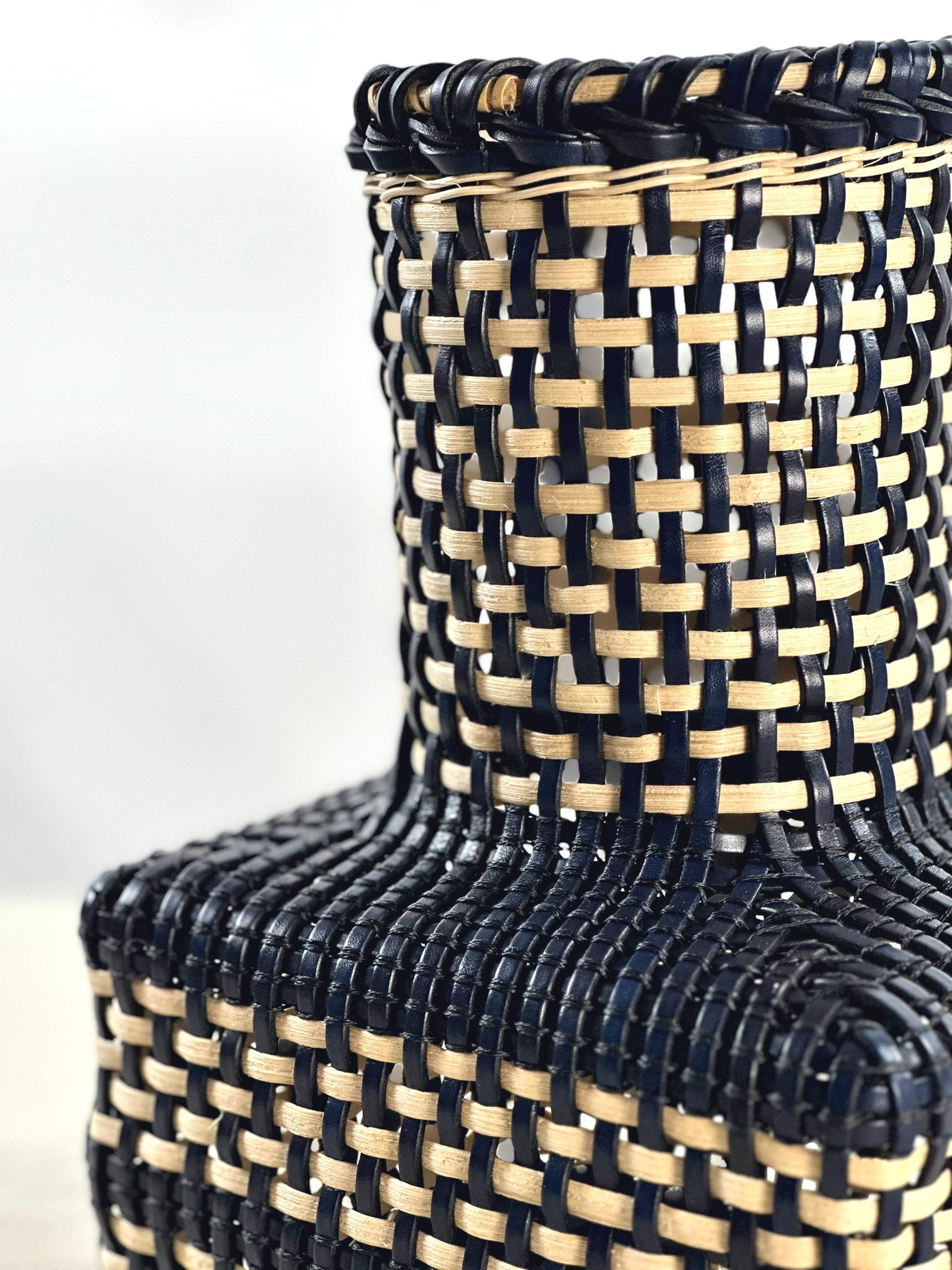 Spanish Japanese Ikebana Inspired Leather & Cane Handmade Basket Navy & Off White Color For Sale