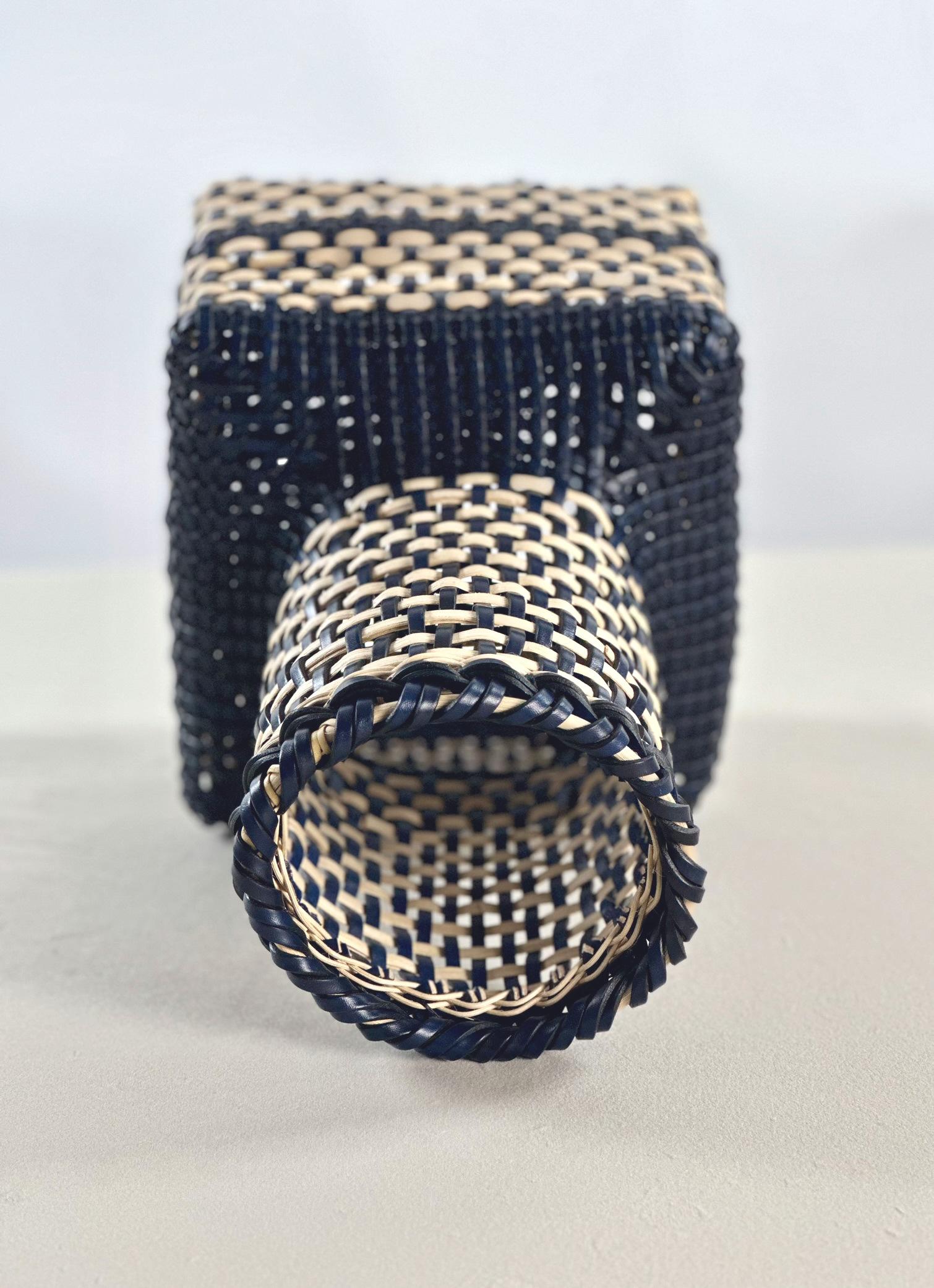 Hand-Woven Japanese Ikebana Inspired Leather & Cane Handmade Basket Navy & Off White Color For Sale