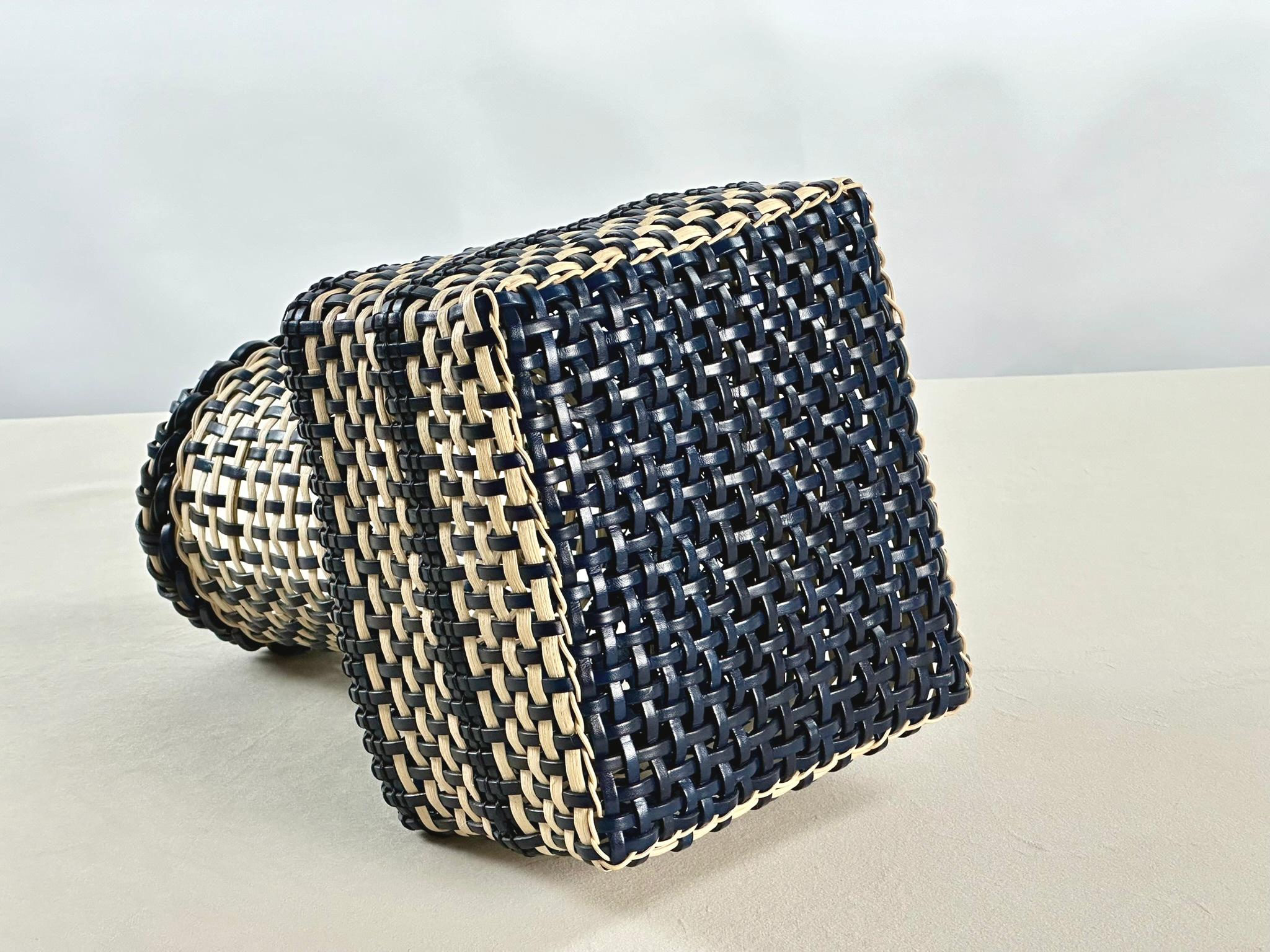 Contemporary Japanese Ikebana Inspired Leather & Cane Handmade Basket Navy & Off White Color For Sale