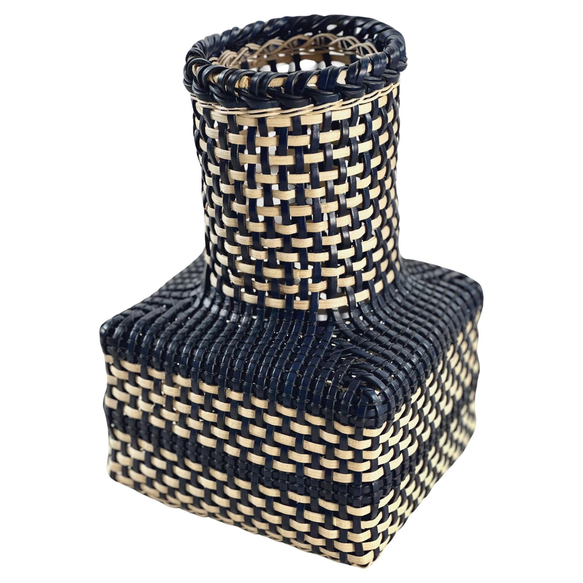 Japanese Ikebana Inspired Leather & Cane Handmade Basket Navy & Off White Color For Sale
