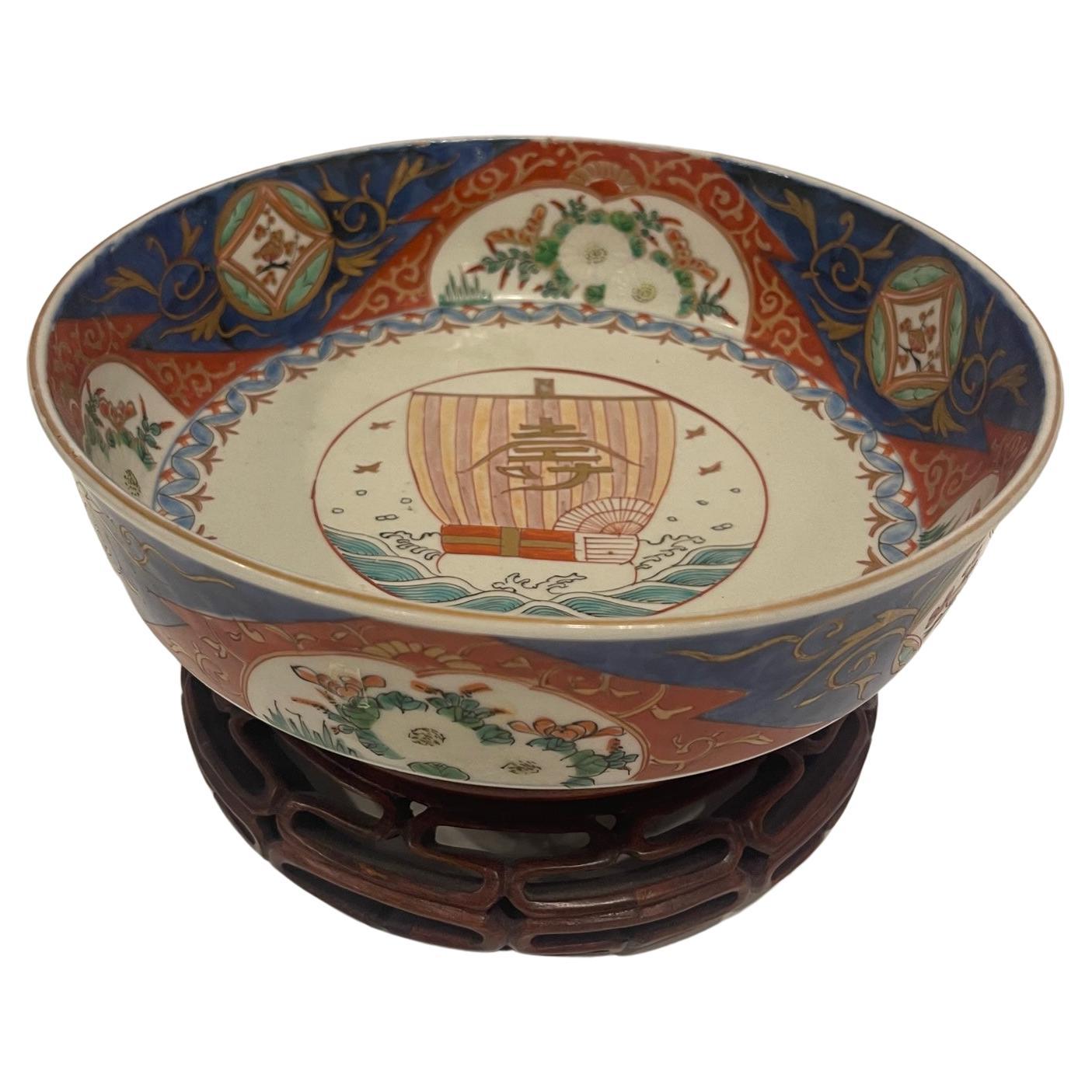 Japanese Imari Bowl on Wood Stand, 19th Century For Sale