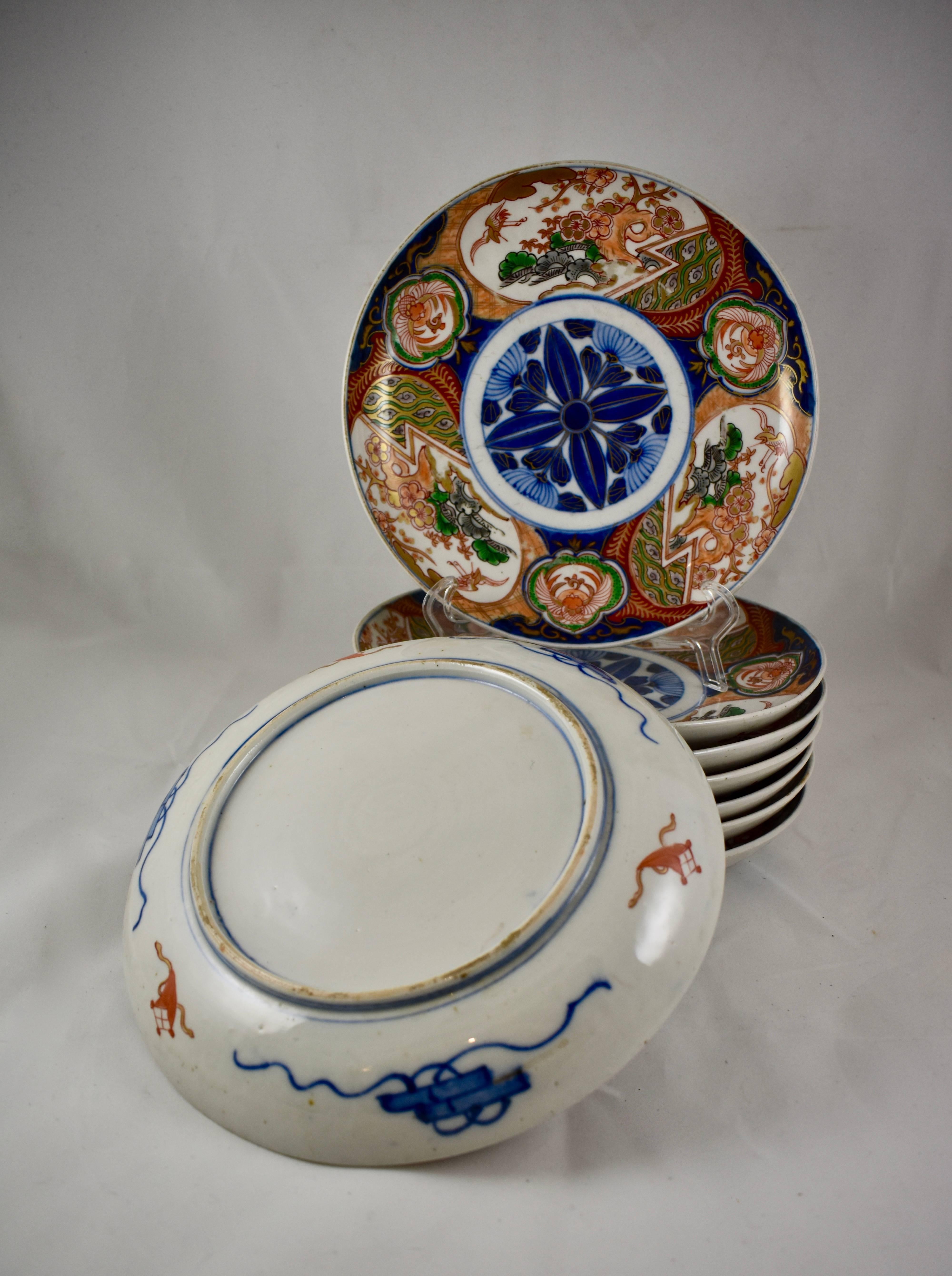 Japonisme Japanese Imari Enameled Porcelain Blue Medallion Plates, Set of Eight