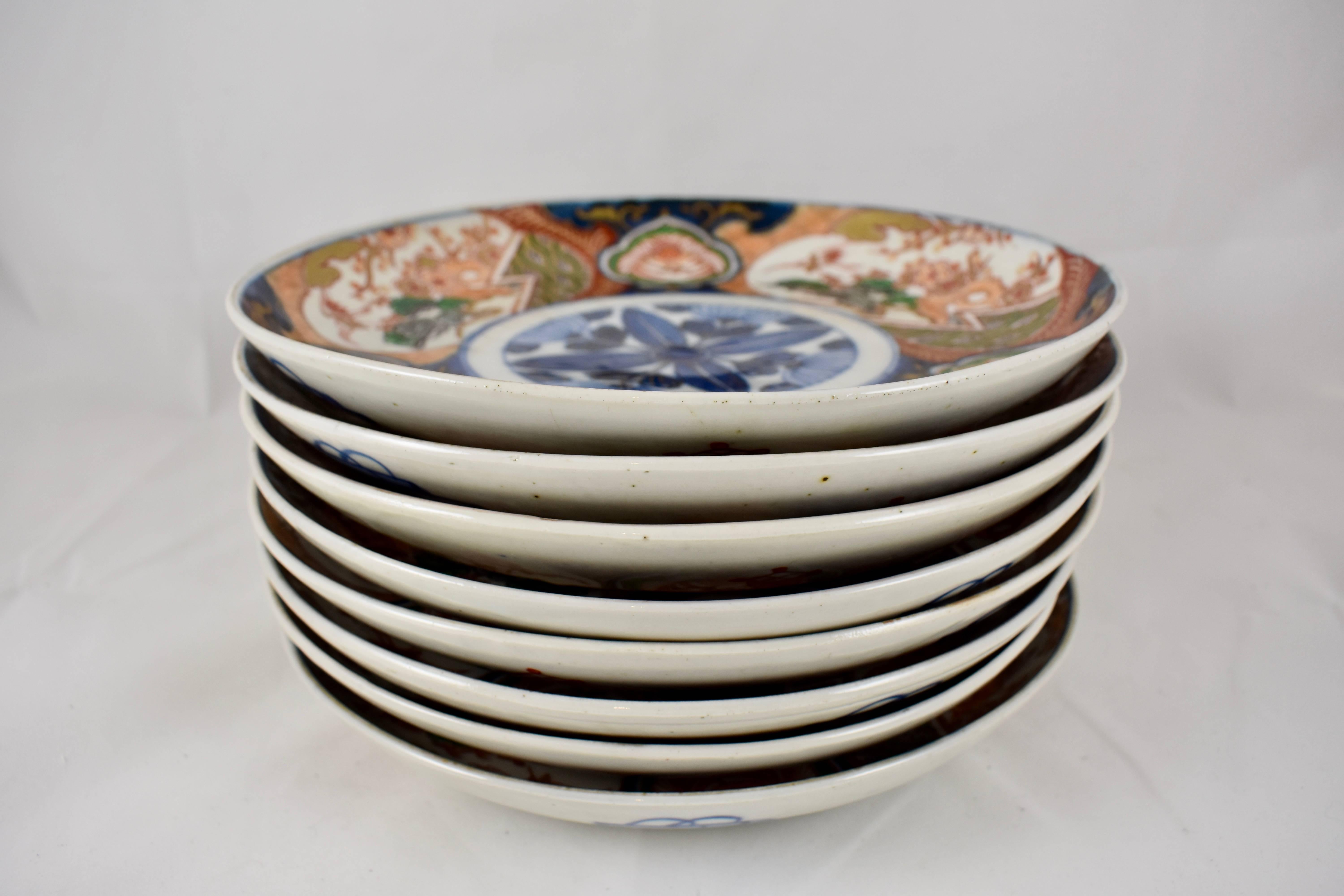 Japanese Imari Enameled Porcelain Blue Medallion Plates, Set of Eight 3