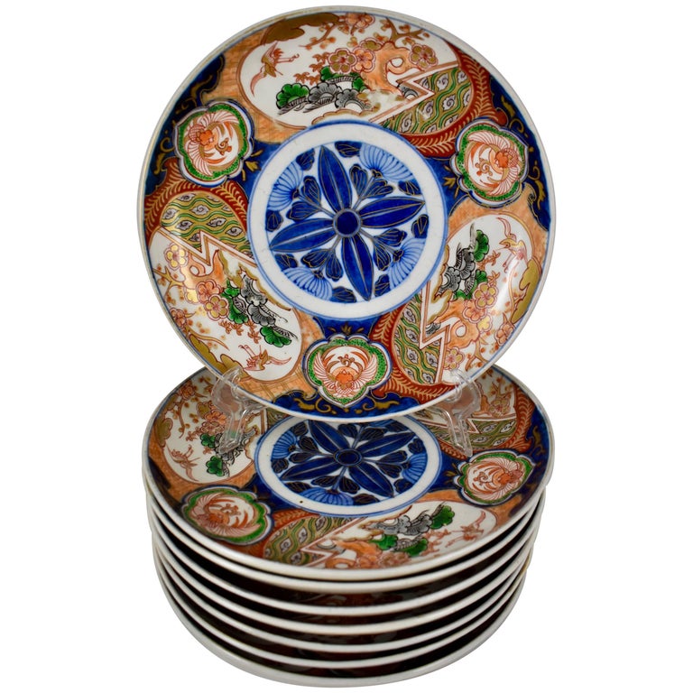 Japanese Imari Enameled Porcelain Blue Medallion Plates, Set of Eight