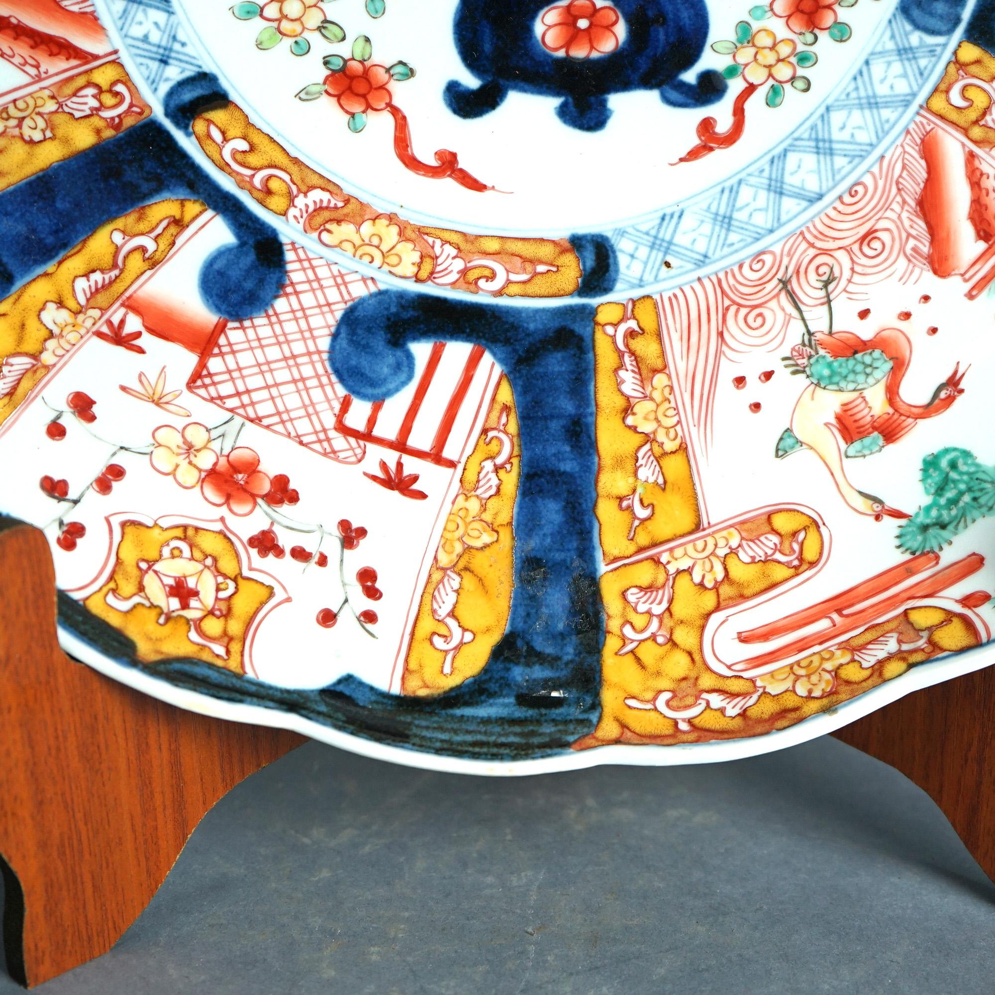 Asian Japanese Imari Enameled Porcelain Charger With Garden Elements & Birds 20thC For Sale