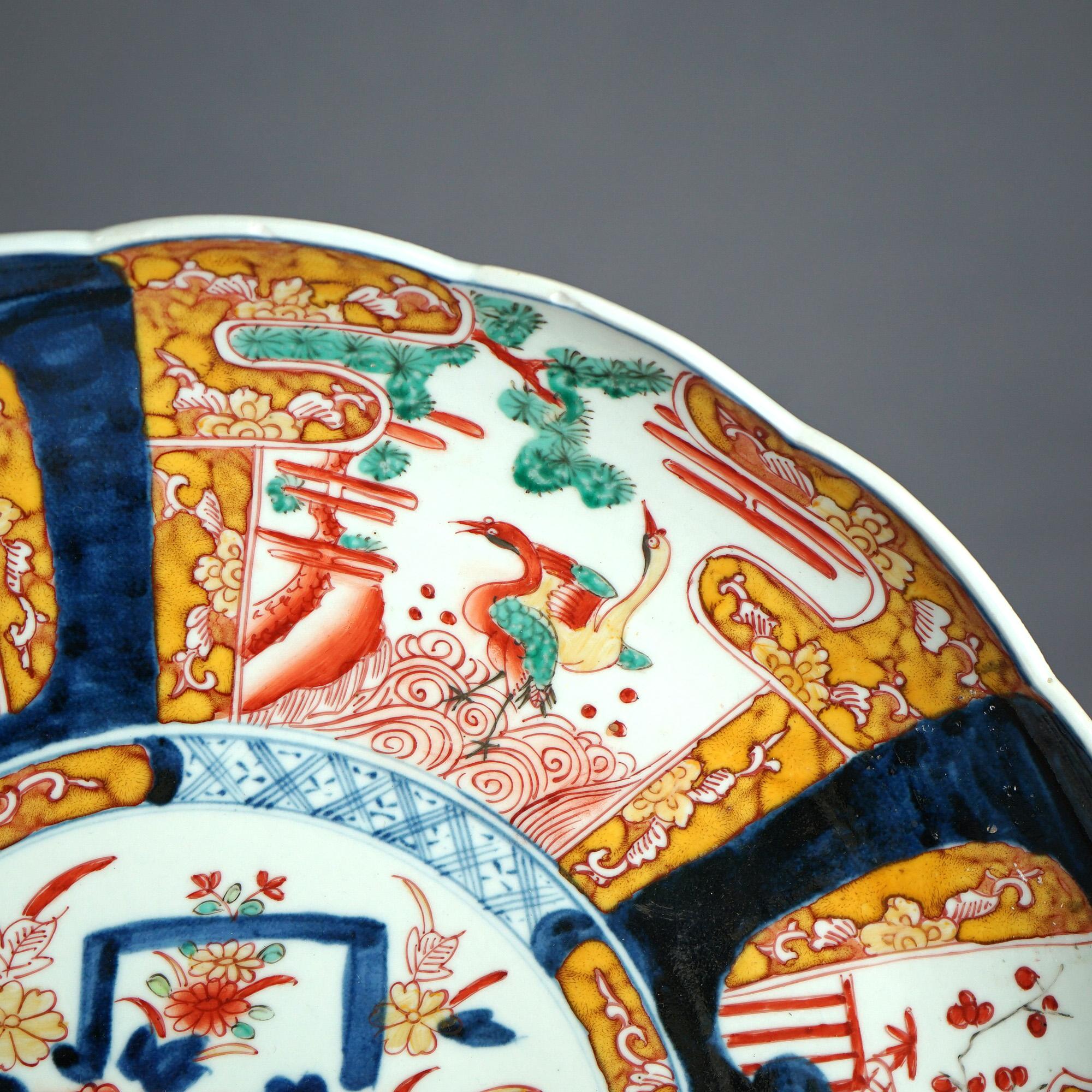 Japanese Imari Enameled Porcelain Charger With Garden Elements & Birds 20thC In Good Condition For Sale In Big Flats, NY