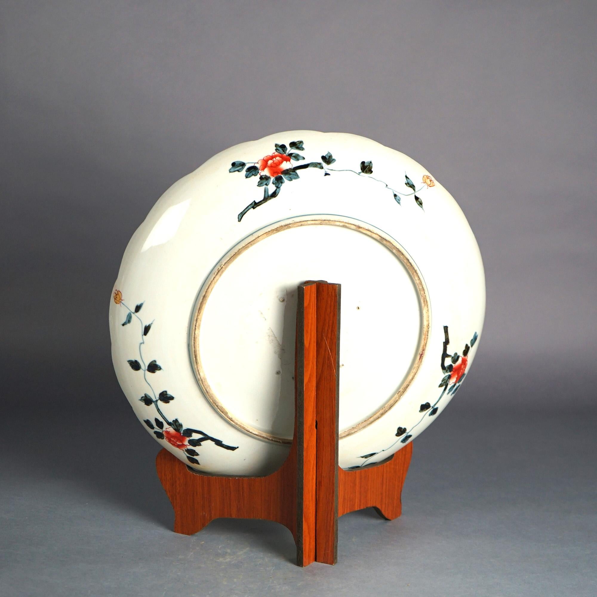20th Century Japanese Imari Enameled Porcelain Charger With Garden Elements & Birds 20thC For Sale