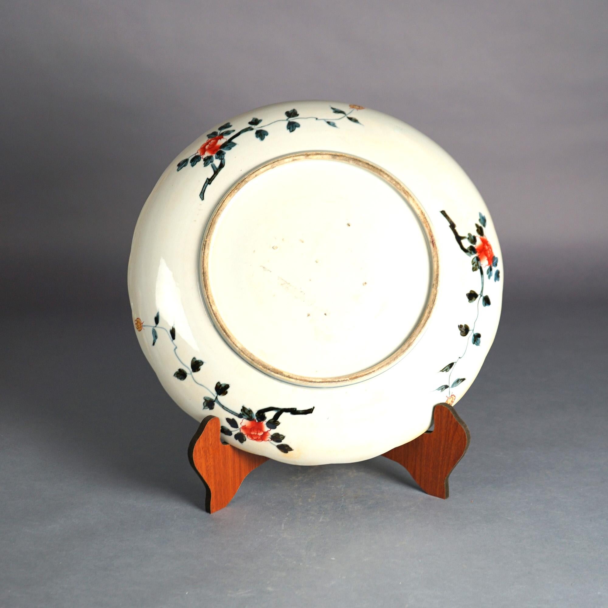 Japanese Imari Enameled Porcelain Charger With Garden Elements & Birds 20thC For Sale 1