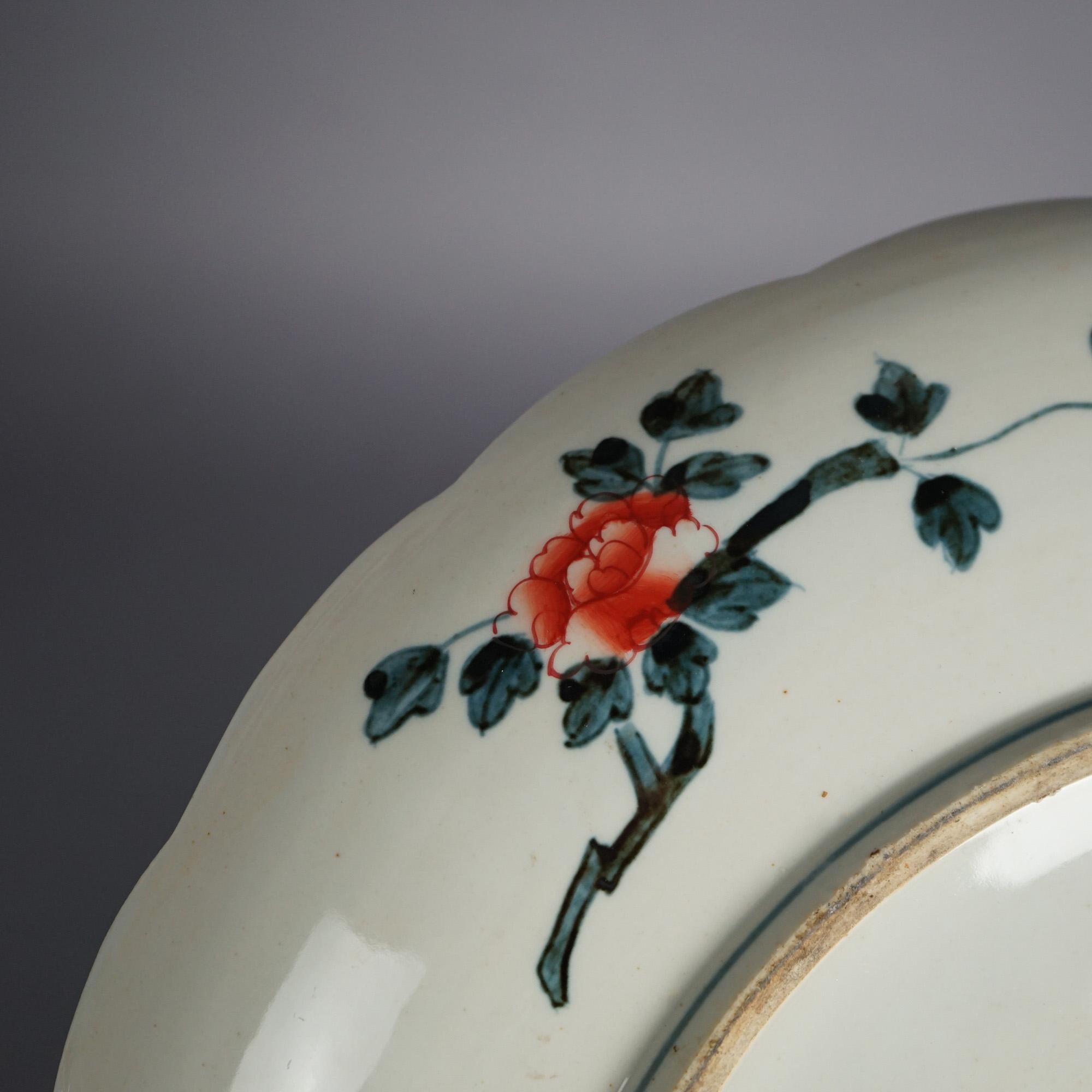 Japanese Imari Enameled Porcelain Charger With Garden Elements & Birds 20thC For Sale 2