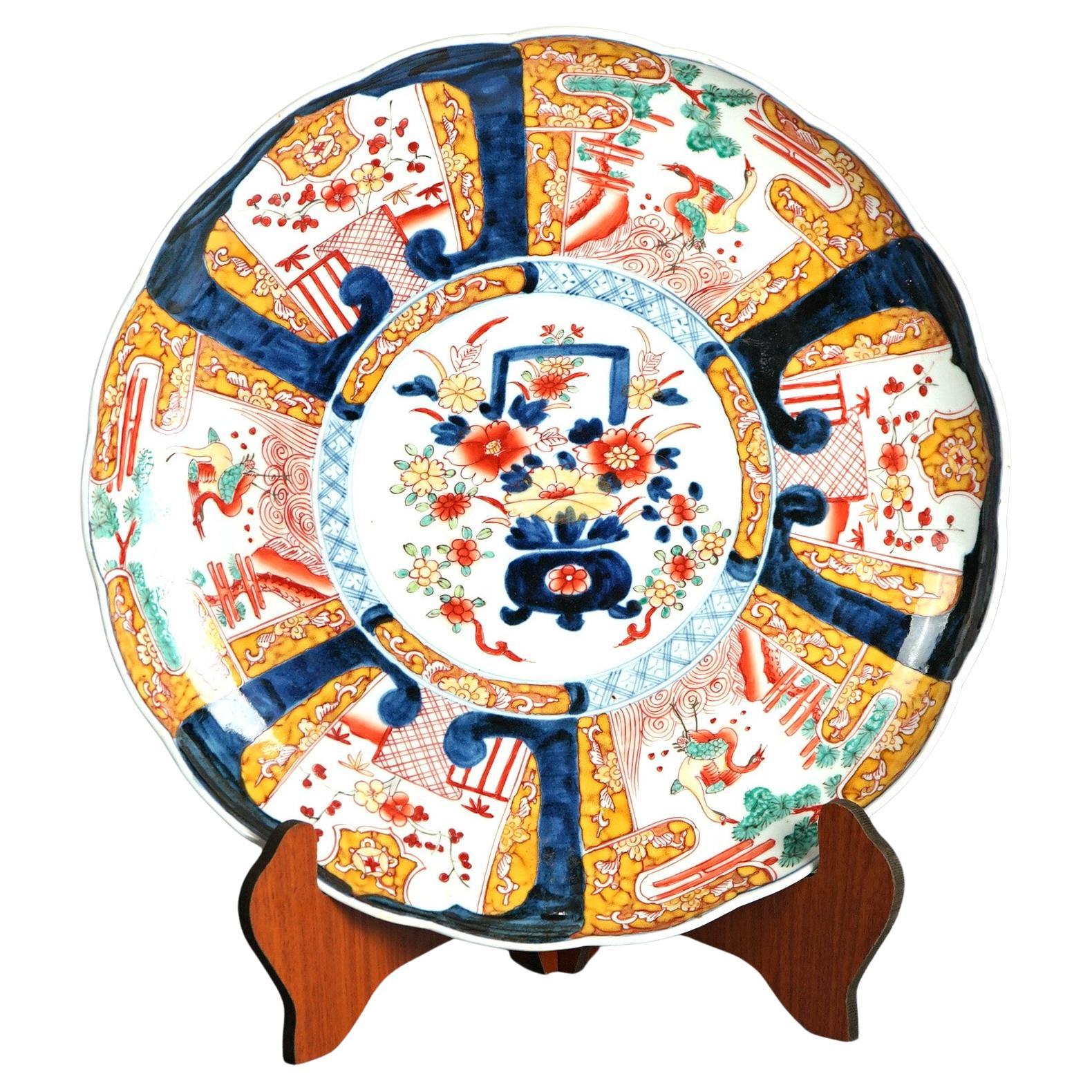 Japanese Imari Enameled Porcelain Charger With Garden Elements & Birds 20thC