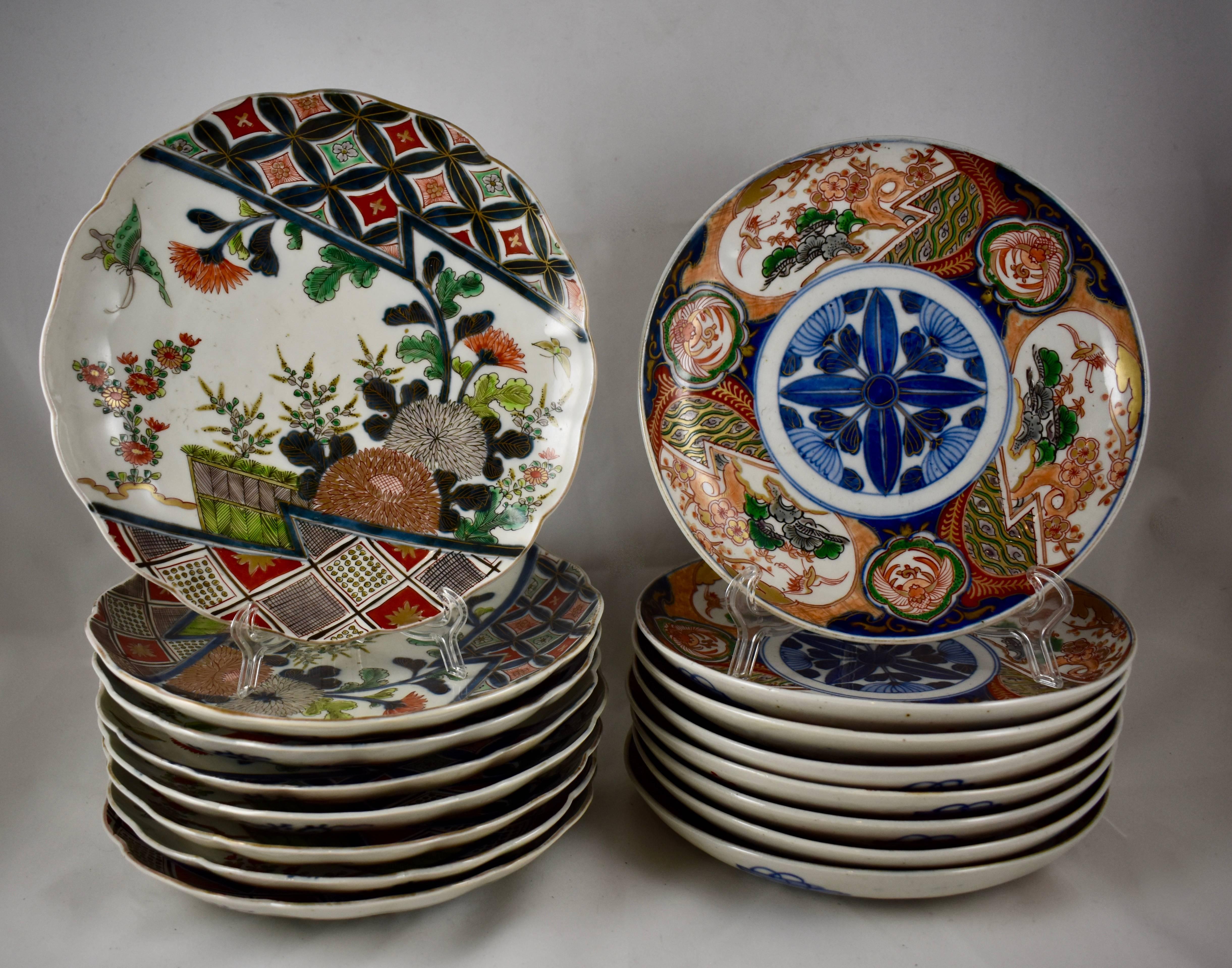 Japanese Imari Enameled Porcelain Floral and Geometric Plates, Set of Eight 11