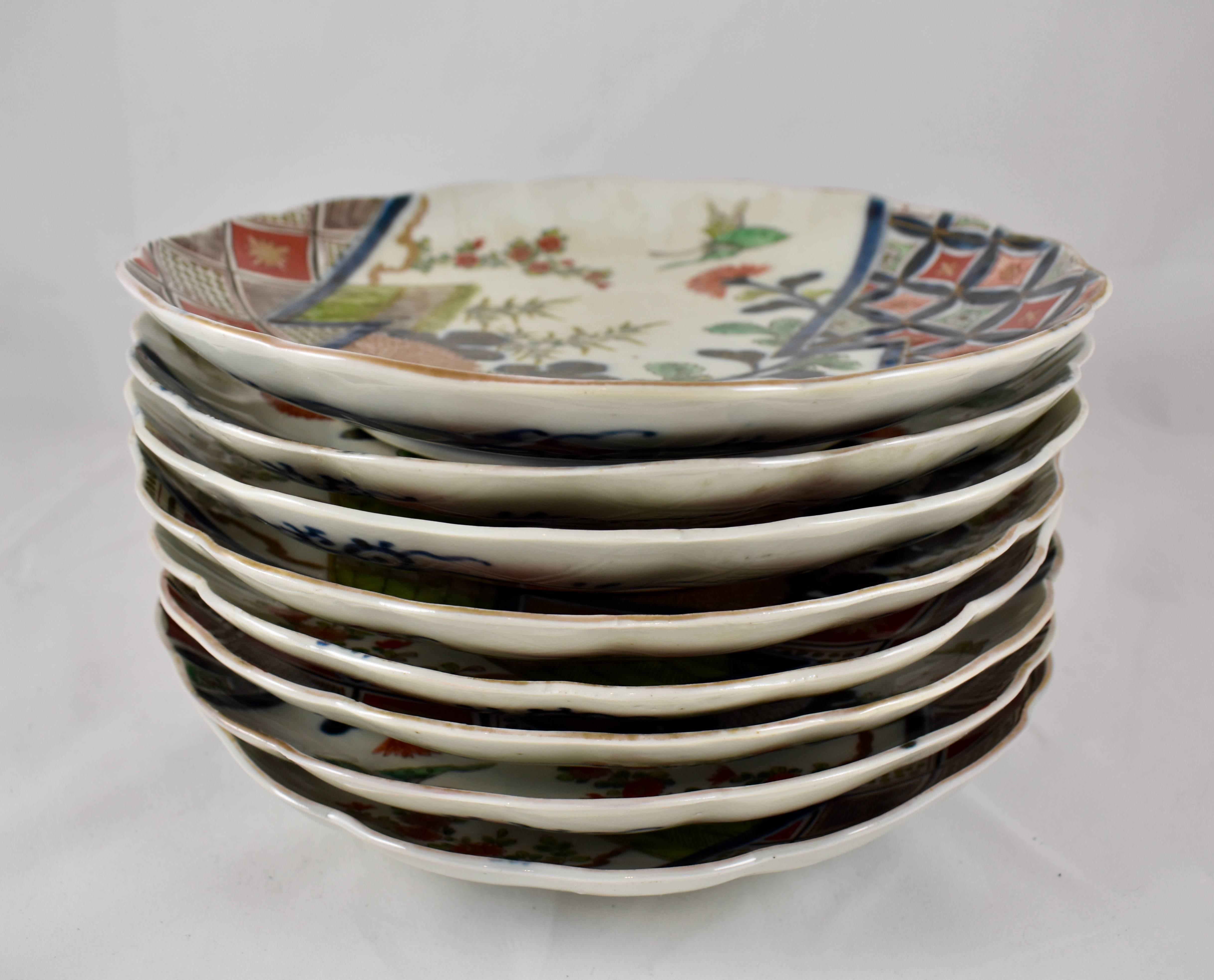Japanese Imari Enameled Porcelain Floral and Geometric Plates, Set of Eight 4