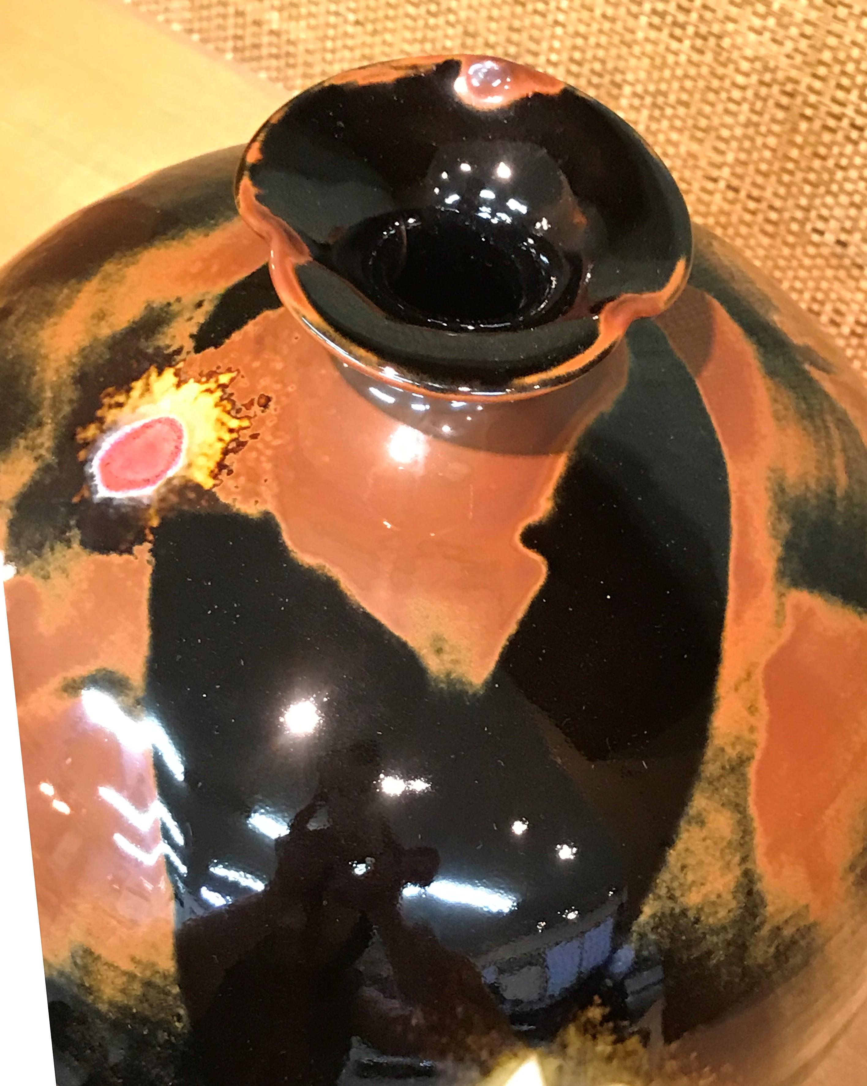 Japanese Imari Hand-Glazed Black Blue Red Porcelain Vase by Contemporary Artist 7