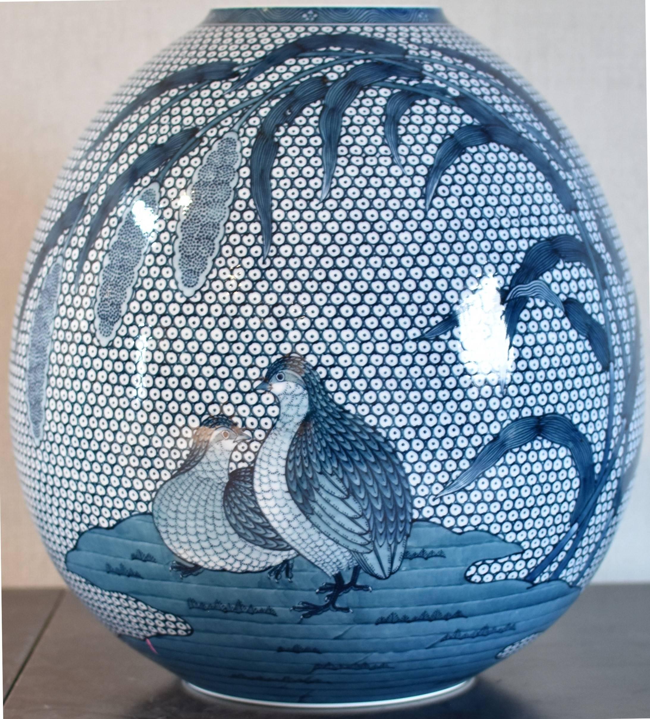 Japanese Imari Hand Painted Blue Porcelain Vase by Contemporary Master Artist 3