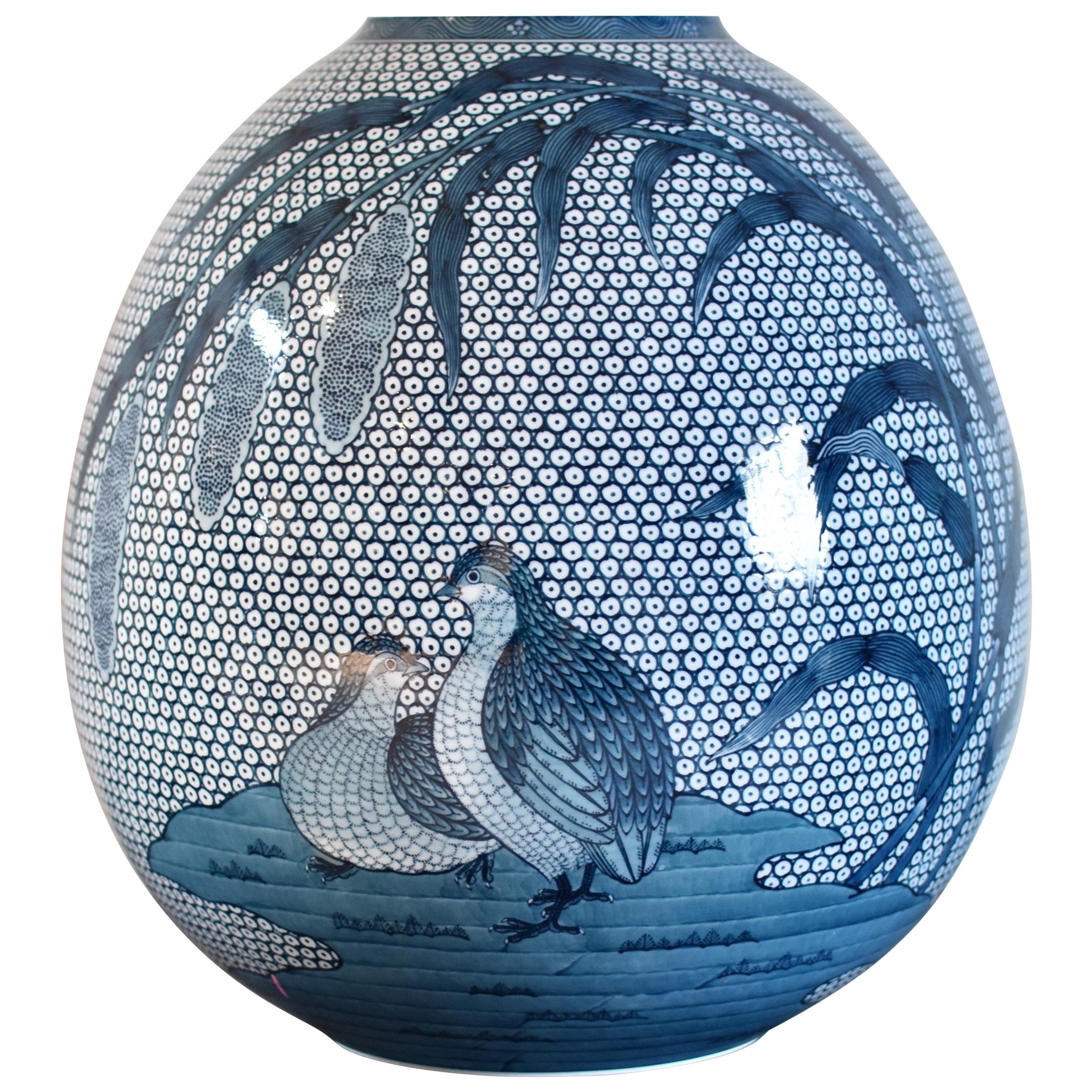 Japanese Imari Hand Painted Blue Porcelain Vase by Contemporary Master Artist
