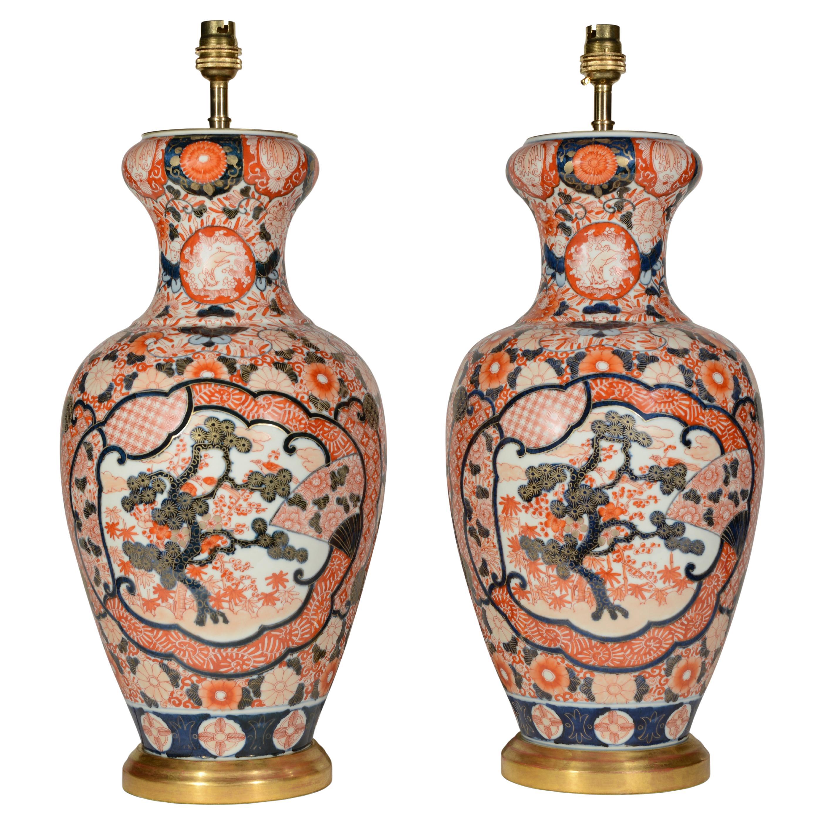 Japanese Imari Palette Pair of 19th Century Porcelain Table Lamps