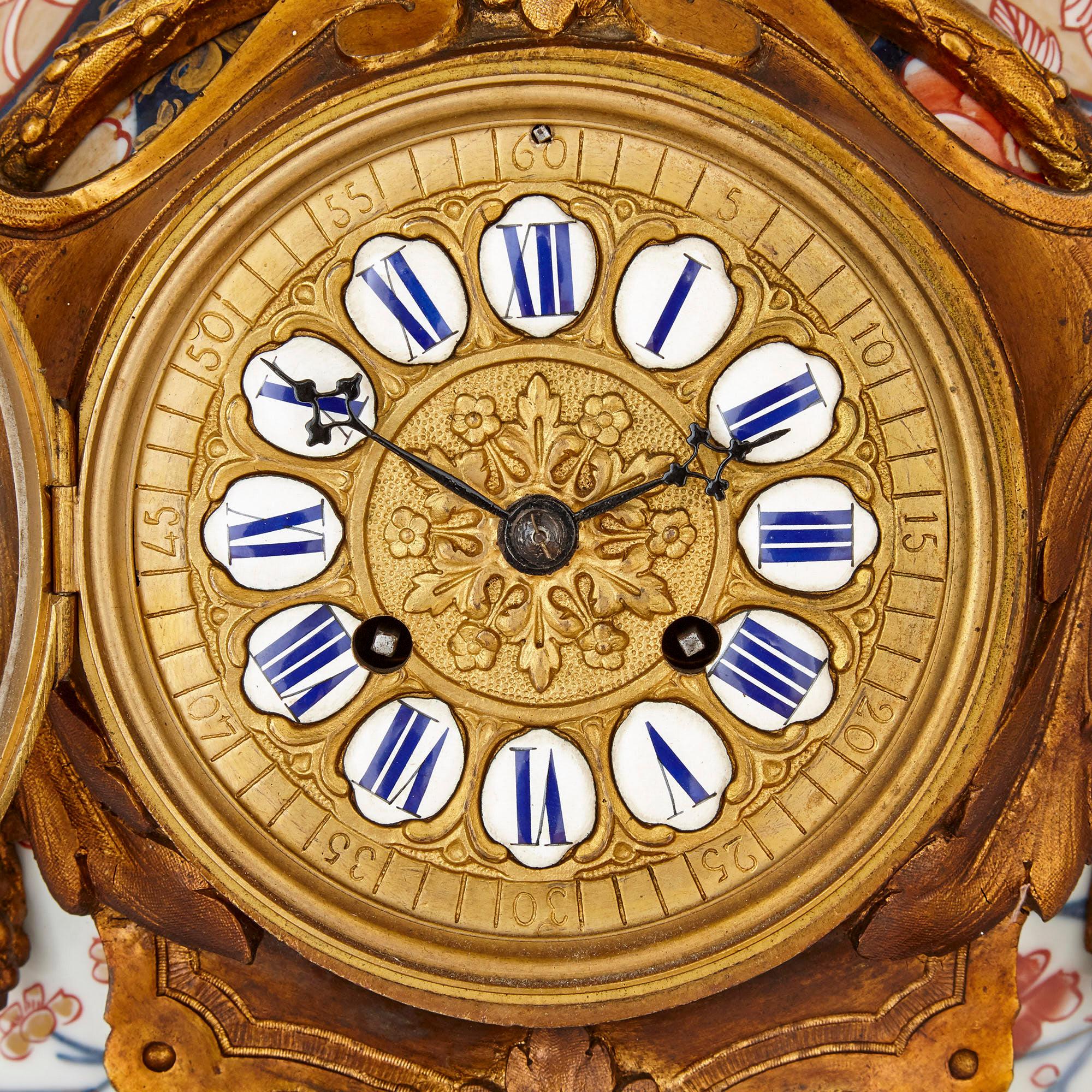 Louis XV Japanese Imari Porcelain and Gilt Bronze Clock Set For Sale