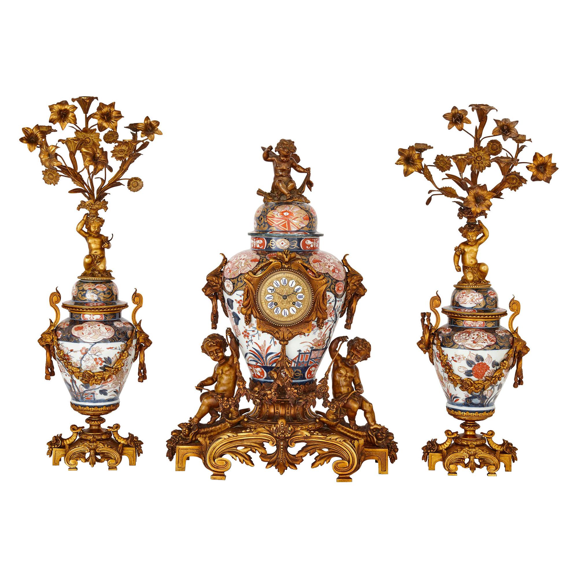 Japanese Imari Porcelain and Gilt Bronze Clock Set For Sale