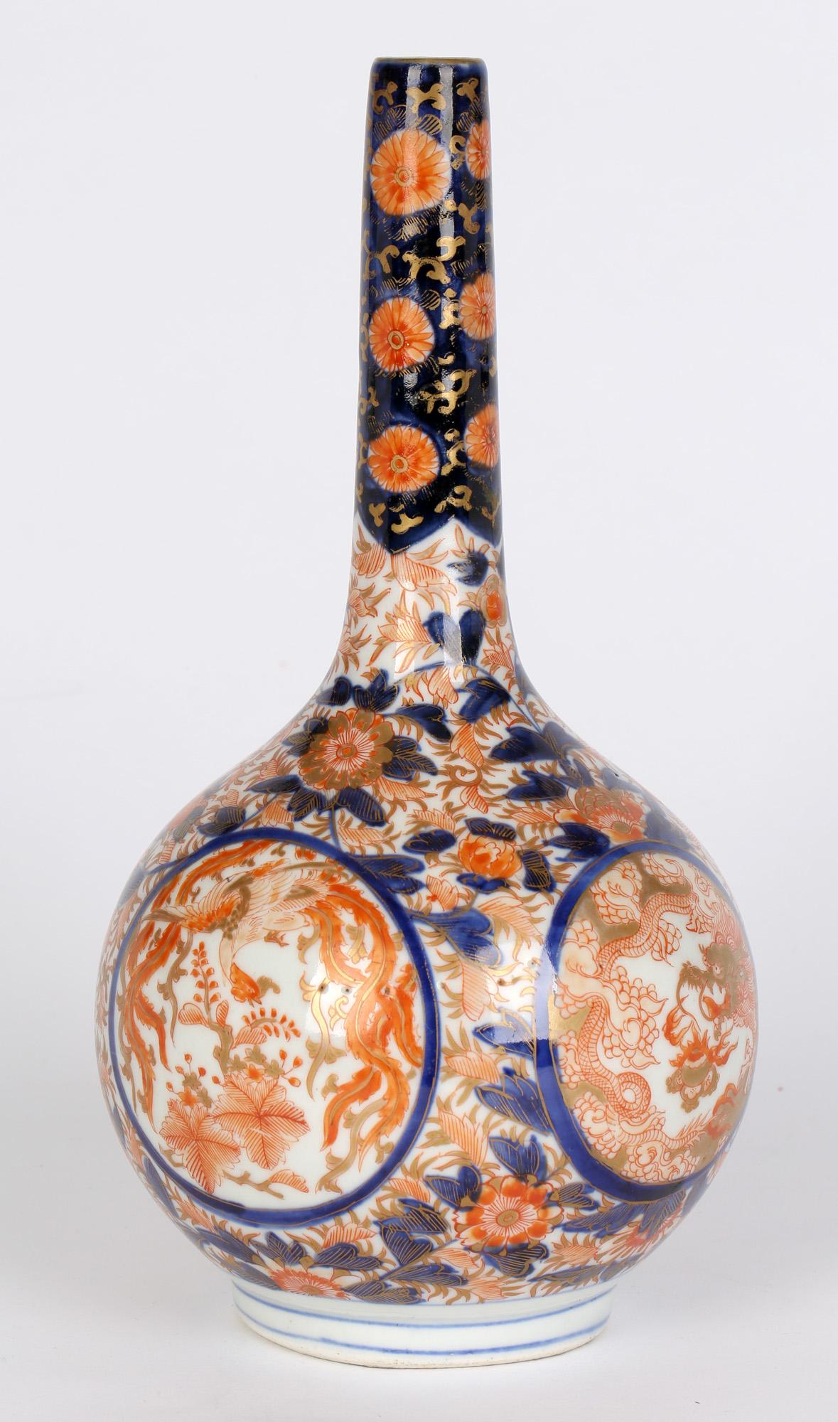 Japanese Imari Porcelain Bottle Vase with Dragons and Ho Ho Birds 6