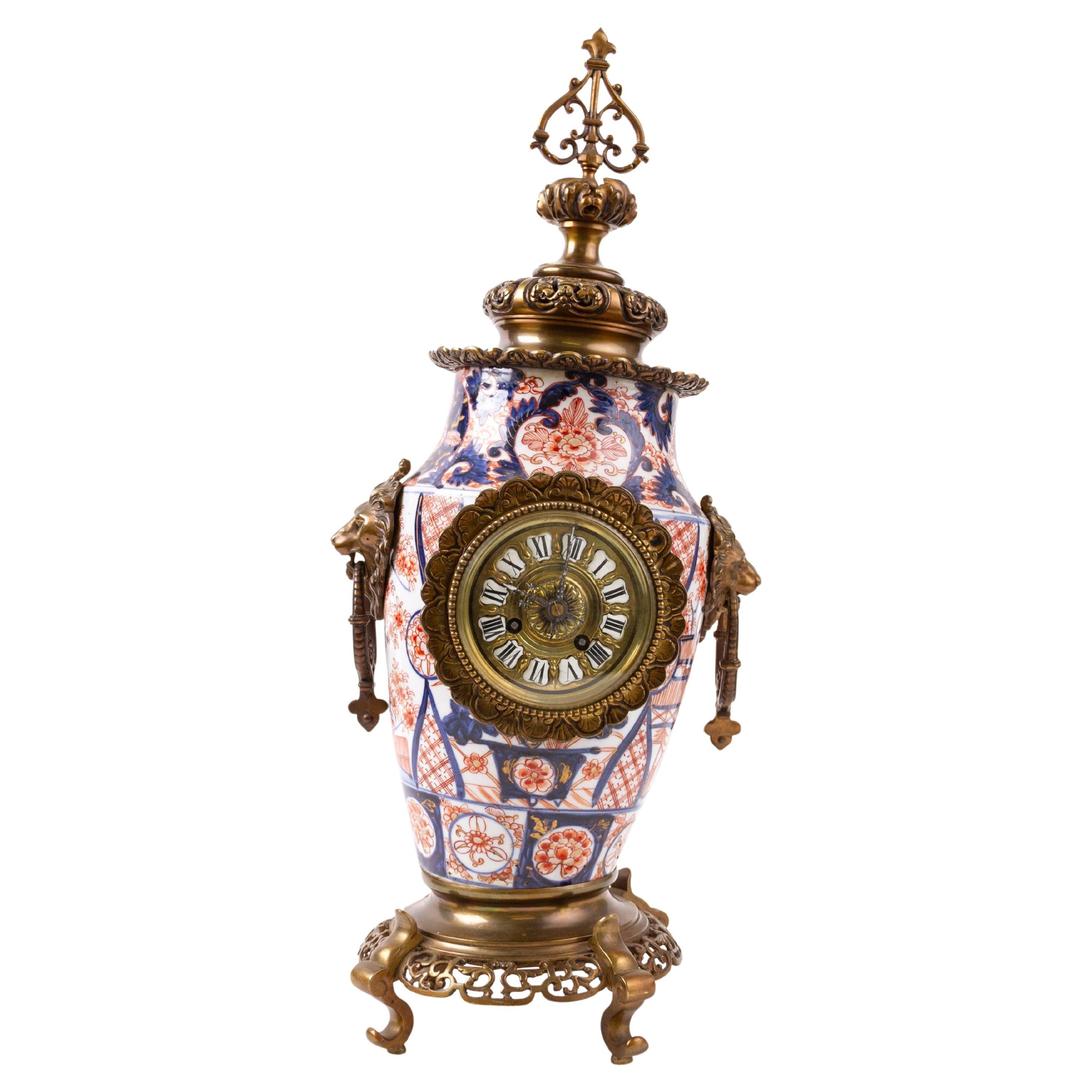 Japanese Imari Porcelain Bronze Mounted French Mantle Clock 19thC For Sale