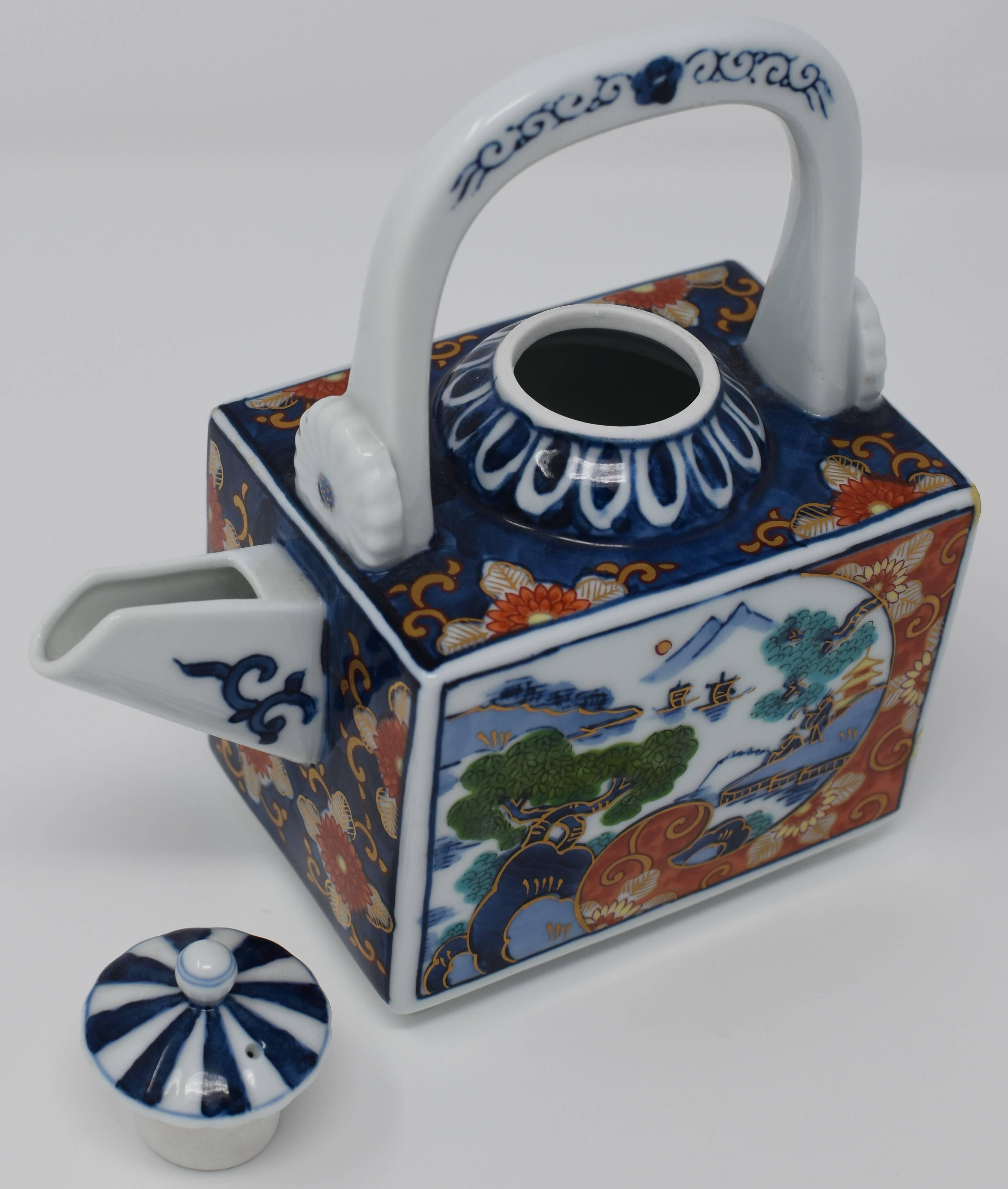 Polychromed Japanese Contemporary Red Blue Green Porcelain Ceremonial Sake Server/Tea Set  For Sale